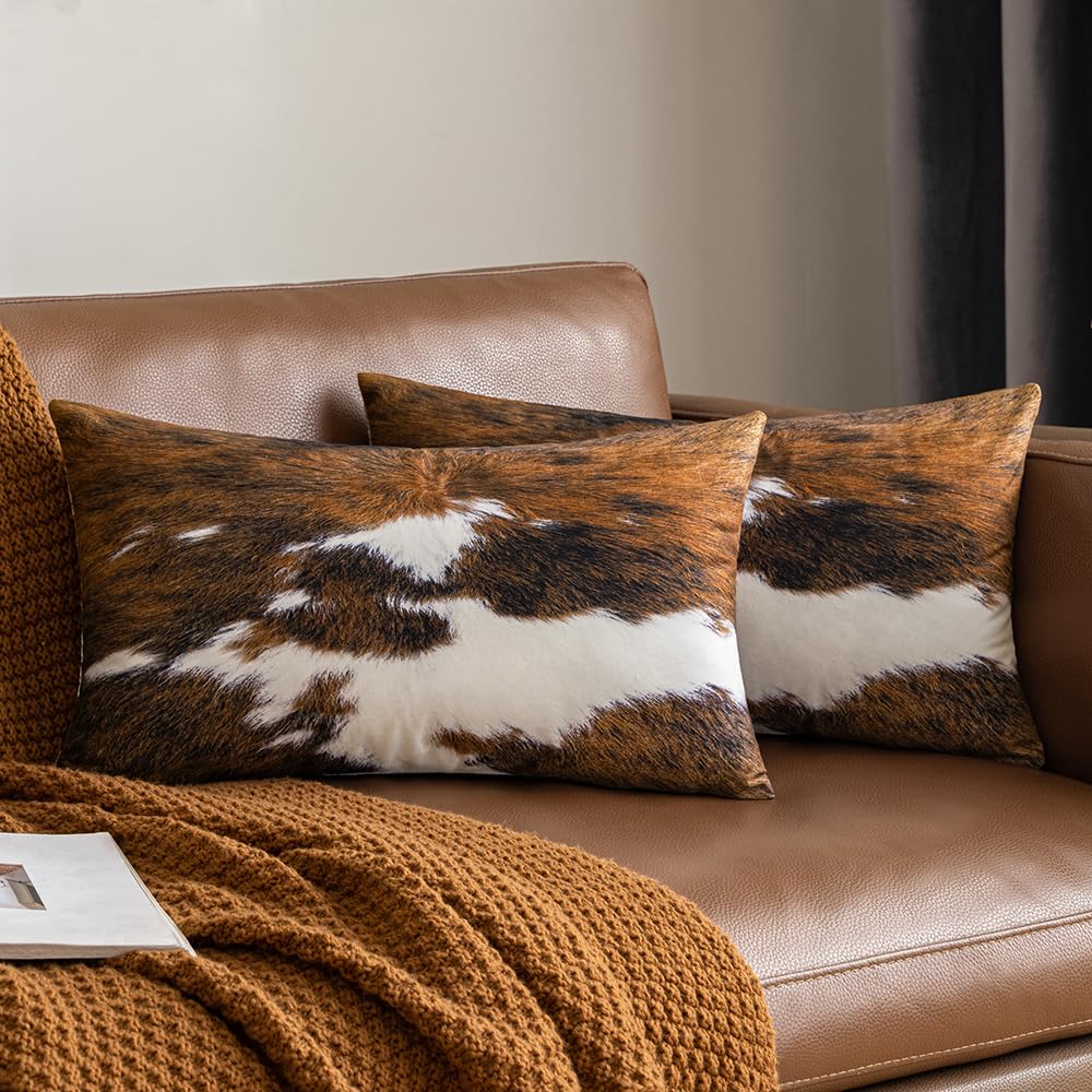 Woaboy Pack Of 2 Decorative Throw Pillow Covers Cowhide Brindle Printed Couch Throw Pillows Cushion Covers For Winter Home Decor Living Room Sofa Bedroom 12X20 Inch