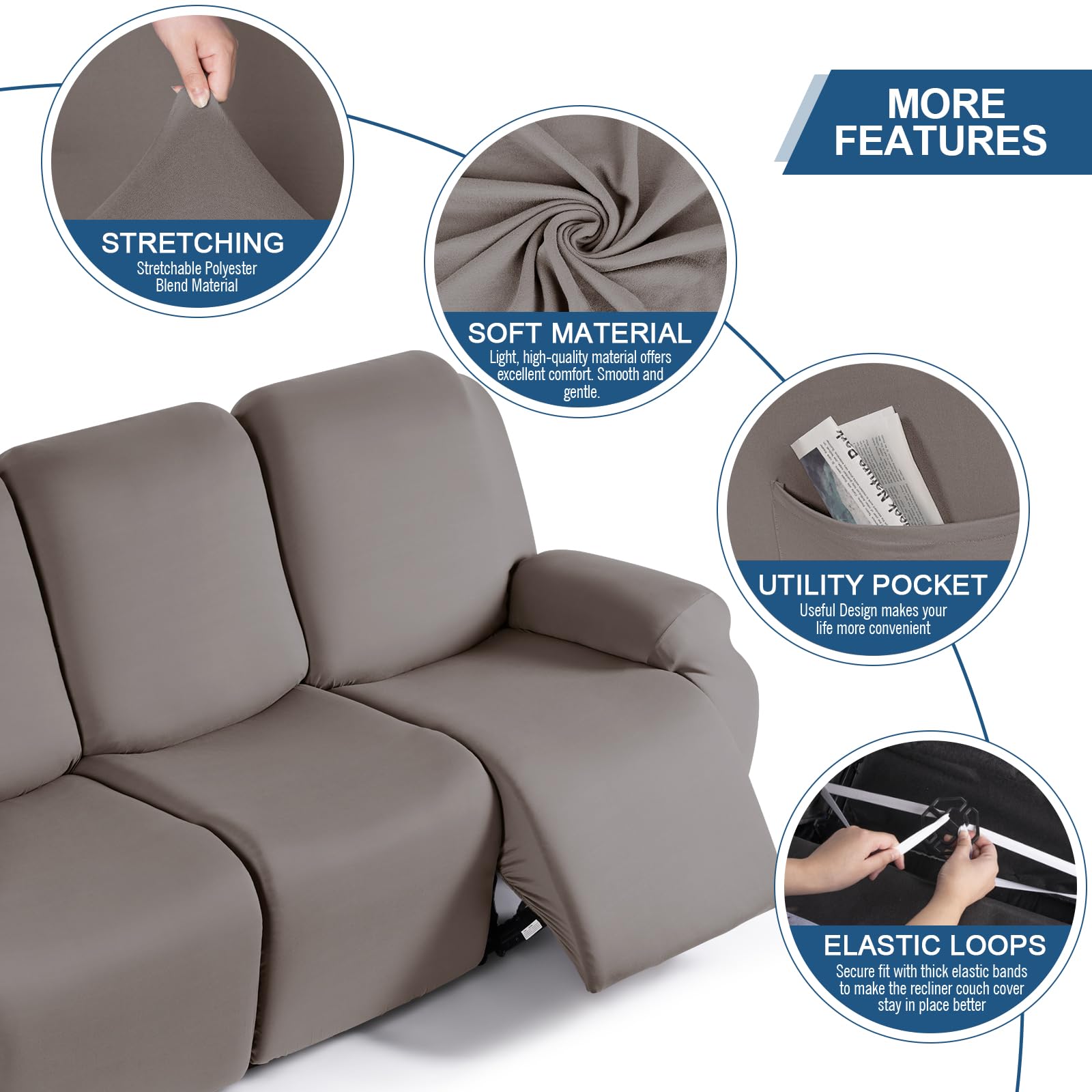 Taococo Stretch Recliner Sofa Covers 3 Pieces Couch Covers For 3 Seat Reclining Sofa, Soft Polyester Fabric Washable Furniture P
