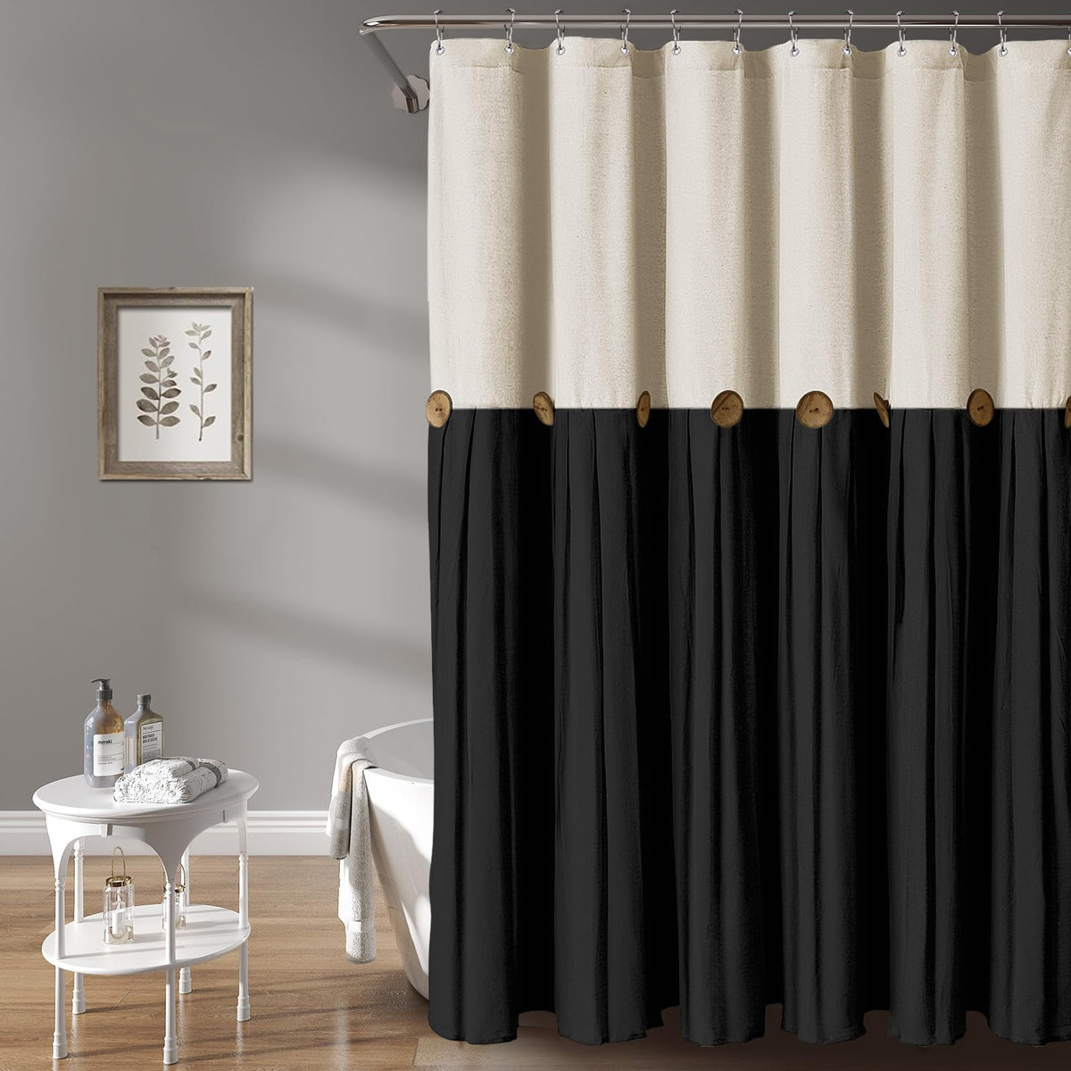 Awellife Linen Button Farmhouse Beige Shower Curtain,Linen And Cotton Woven Fabric,Pleated Brown Stripe,Country Style (Cream & B