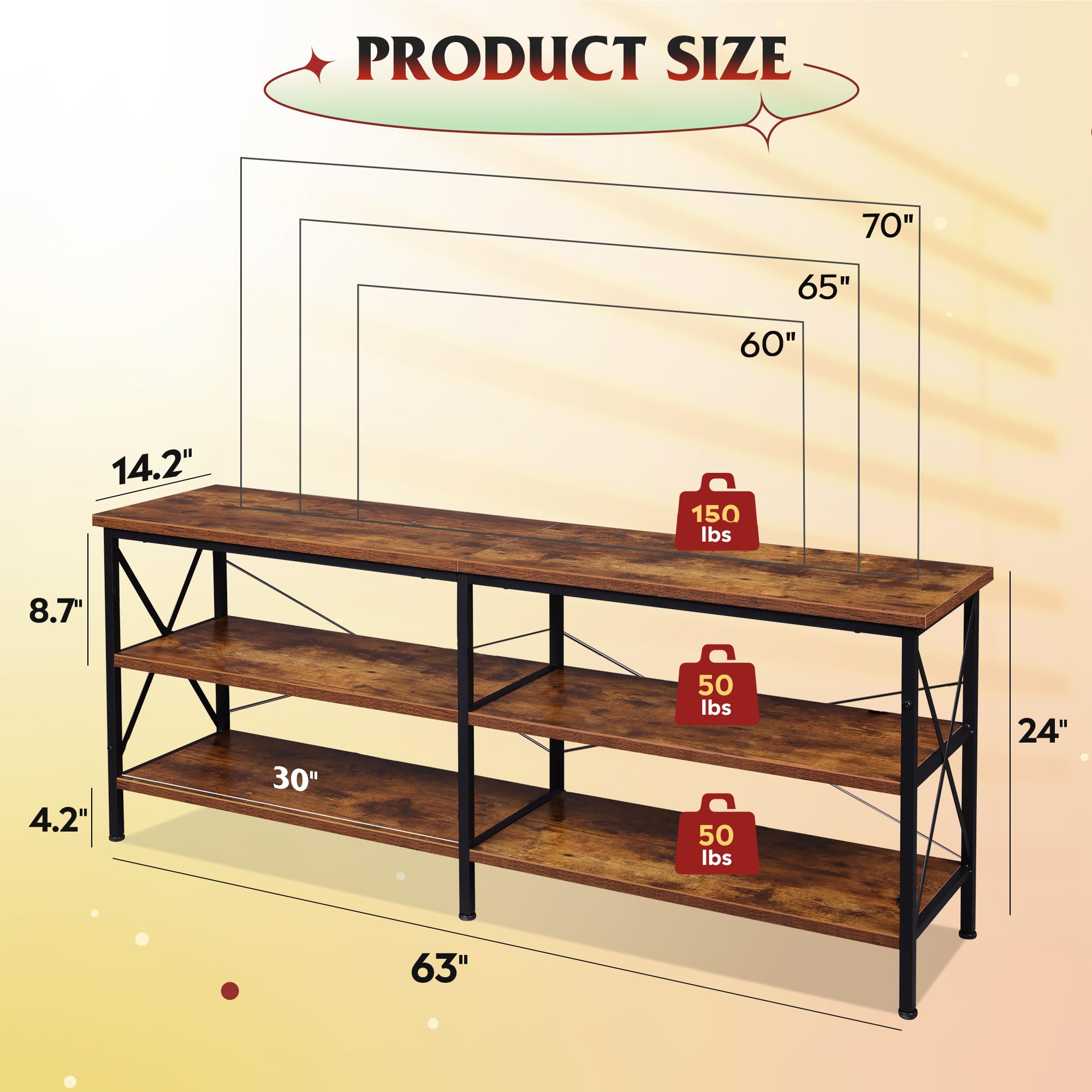 Wlive Tv Stand Up To 70 Inch Tv, 63' Entertainment Center, Tv Media Console With 3-Tier Storage Shelves For Living Room And Bedroom, Rustic Brown