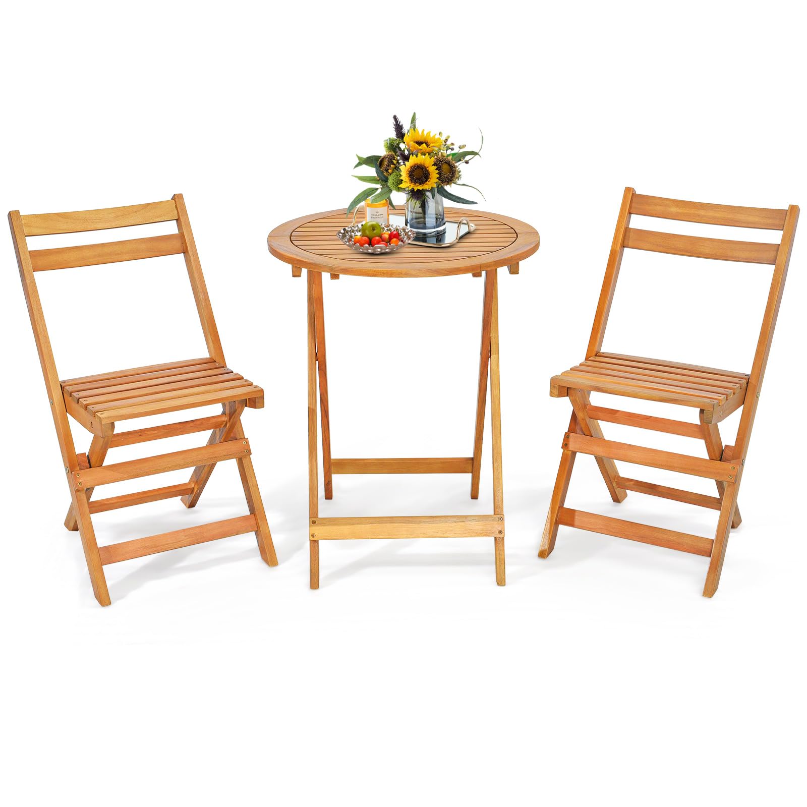 Tangkula 3 Pieces Folding Patio Bistro Set, Solid Acacia Wood Table And Chairs With Slatted Tabletop, Back & Seat, Foldable Outdoor Furniture Set For Patio, Backyard, Garden, Poolside, Natural