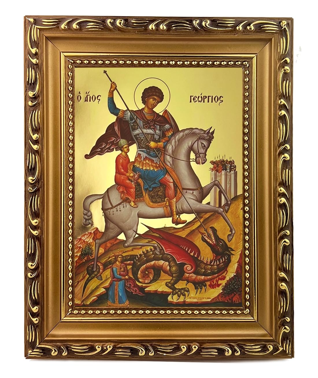 Saint St George Icon Authentic Greek Orthodox Byzantine Icon Gold Framed Gold Foil - Wall Hanging and Sanding 7 1/4 Inch, Religi