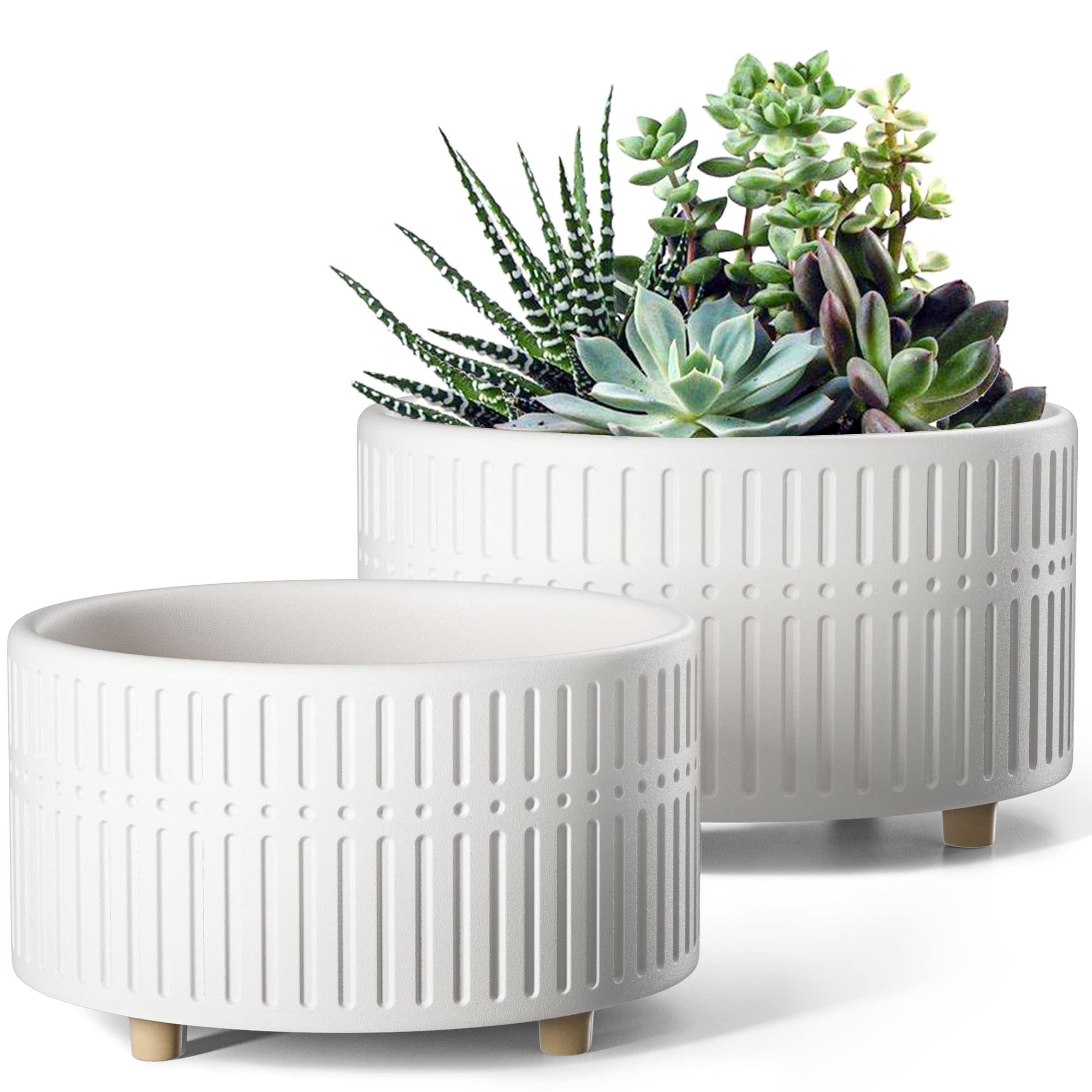 Le Tauci Succulent Pots, 6.5+8 Inch Ceramic Indoor Plant Pot With Drainage Hole, Modern Round Decorative Flower Pot, Gifts For M