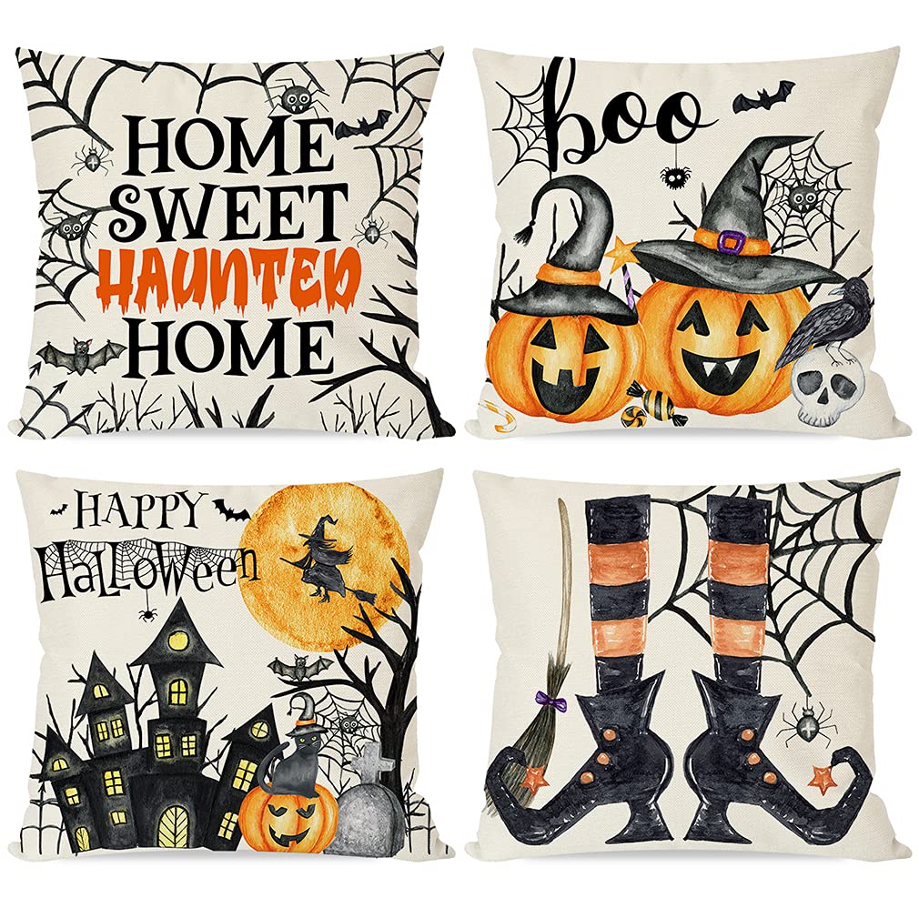 Pandicorn Happy Halloween Pillows Covers 18X18 Set Of 4 For Fall Decorations, Watercolor Haunted House Witch Hat Legs, Spooky Or
