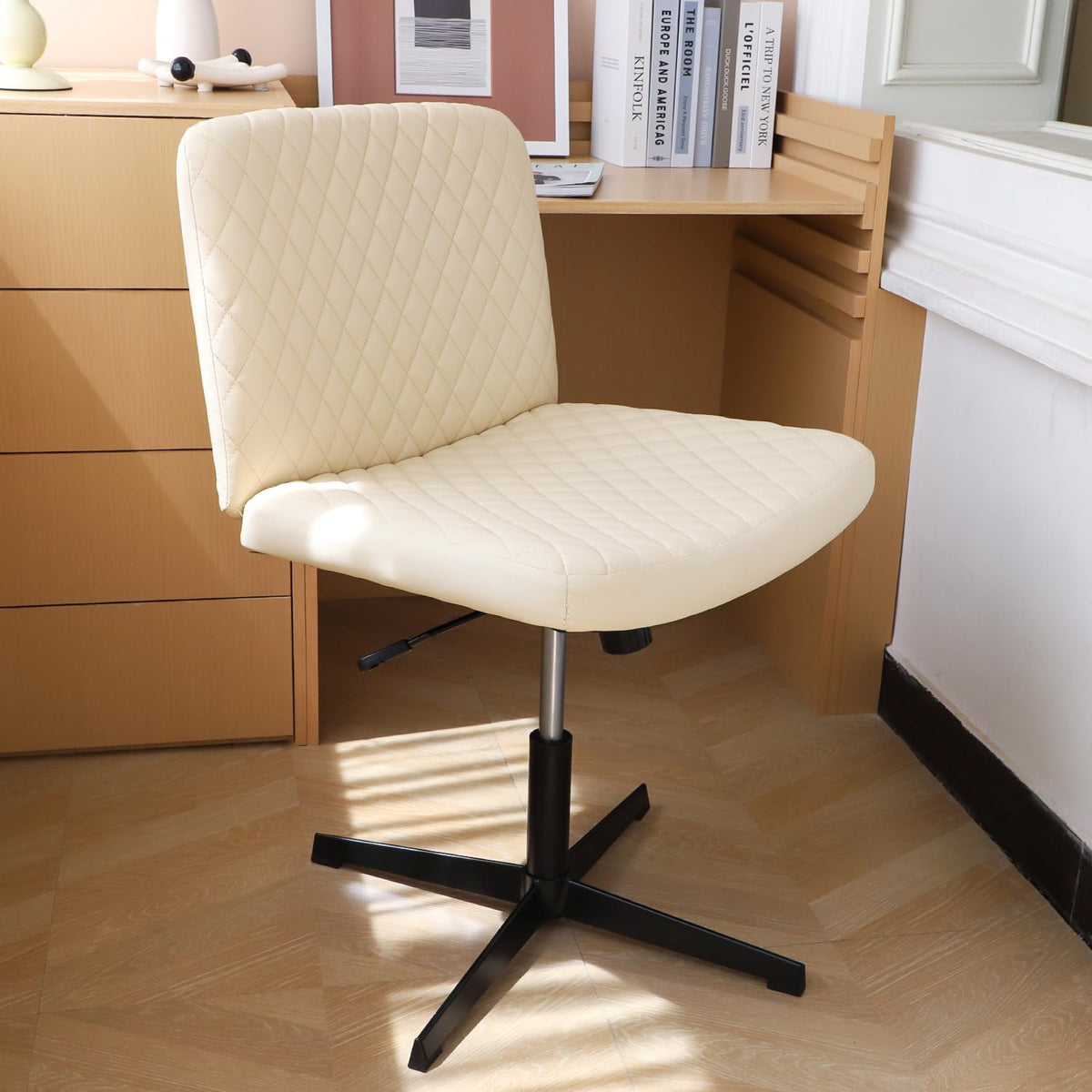Timsatio Criss Cross Chair-Cross Legged Office Chair No Wheels, Armless Wide Vanity Leather Swivel Office Desk Chairs With Extra