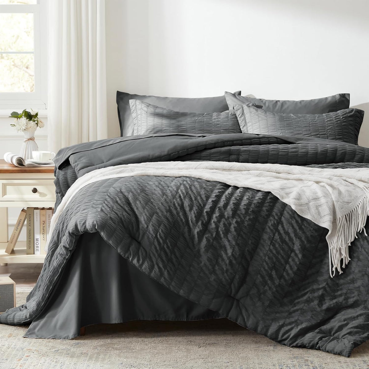 Zzlpp Full Comforter Set 7 Pieces, Dark Grey Seersucker Bed In A Bag With Comforter And Sheets, All Season Bedding Sets With 1 C