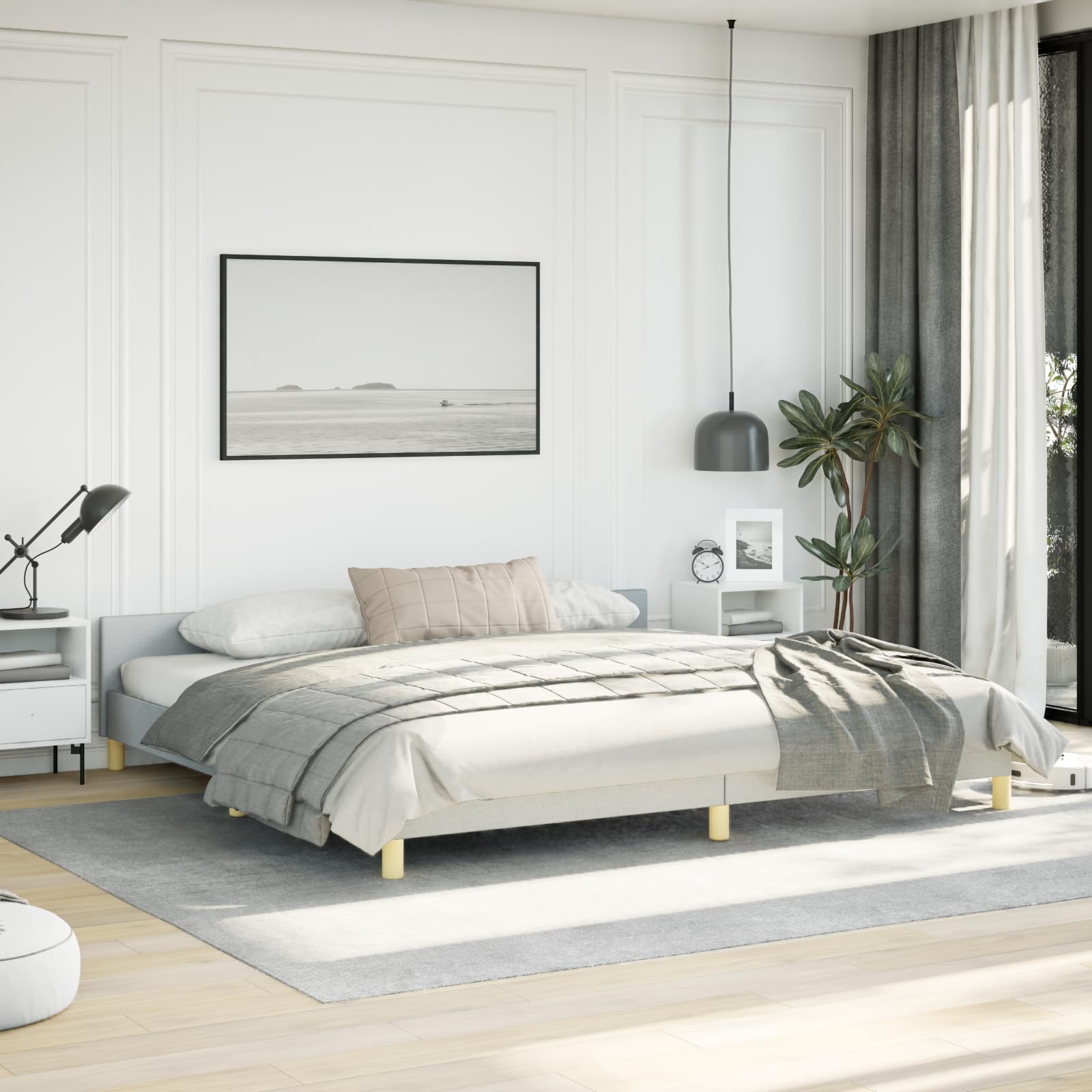 vidaXL Fabric Bed Frame Platform Bed, Scandinavian Style/Slats Support/No Box Spring Needed/Without Mattress/Easy Assembly, Light Grey California King Bed