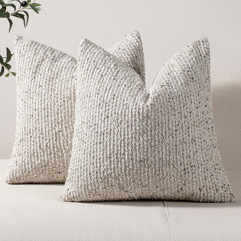 Dezene Striped Throw Pillow Covers 18X18 Set Of 2 Cream Grey Textured Boucle Chic Morden Boho Accent Farmhouse Square Decorative