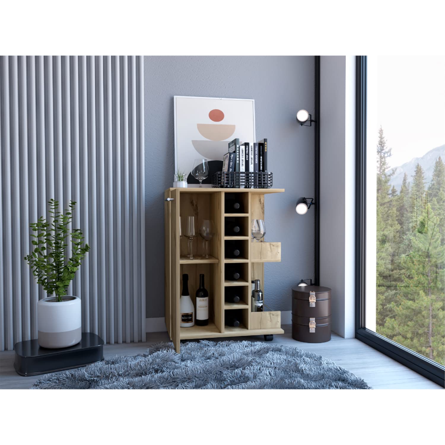 Magda Bar Cart, 4 Casters, Single Door Cabinet, 2 External Shelves, Light Oak