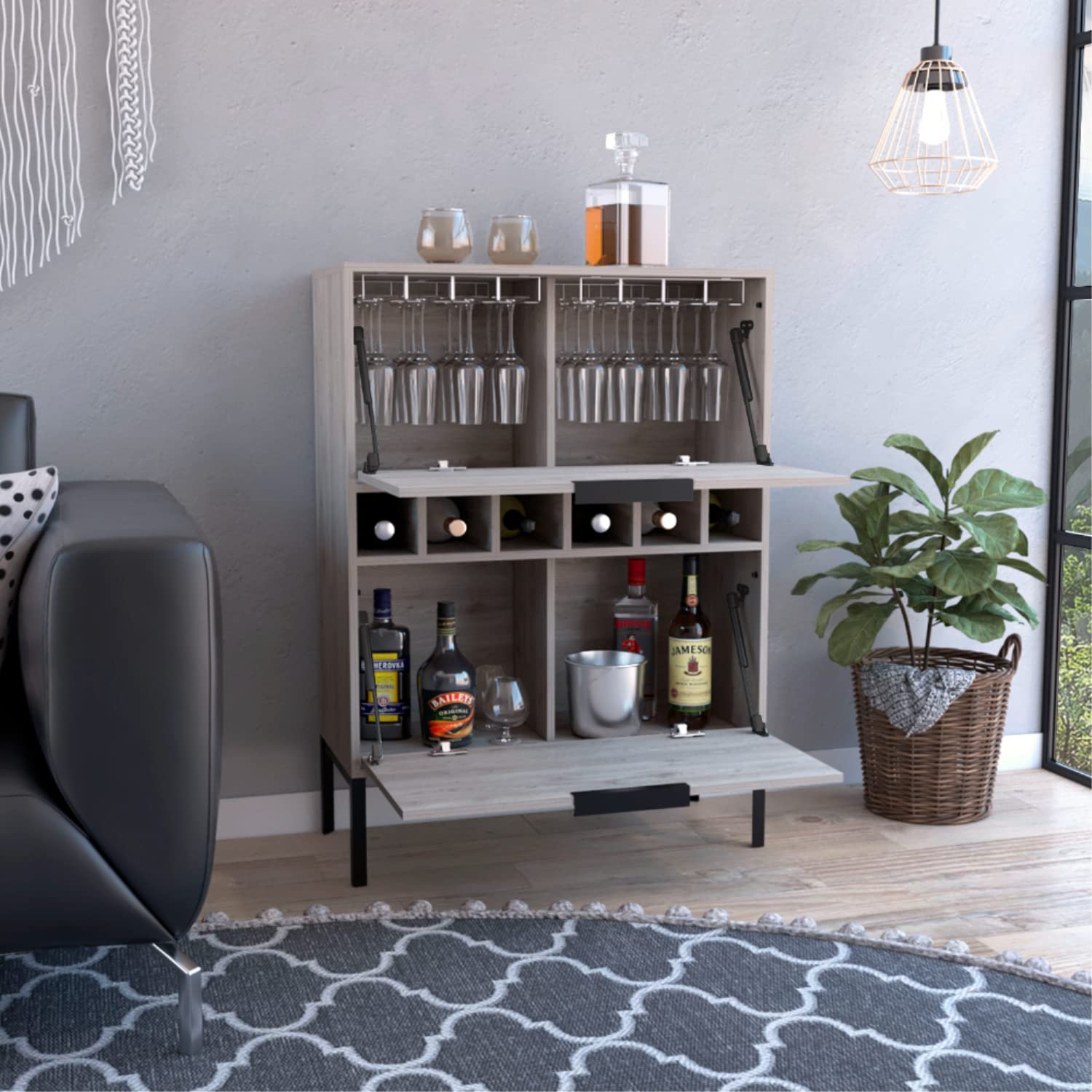 bar-coffee 43&quot;&quot; H, with metal legs, Kitchen or living cabinet with 1 upper swing door drawer, 2 cup holders inside, 1 central shelf, and 1 lower divided drawer, ligh gray