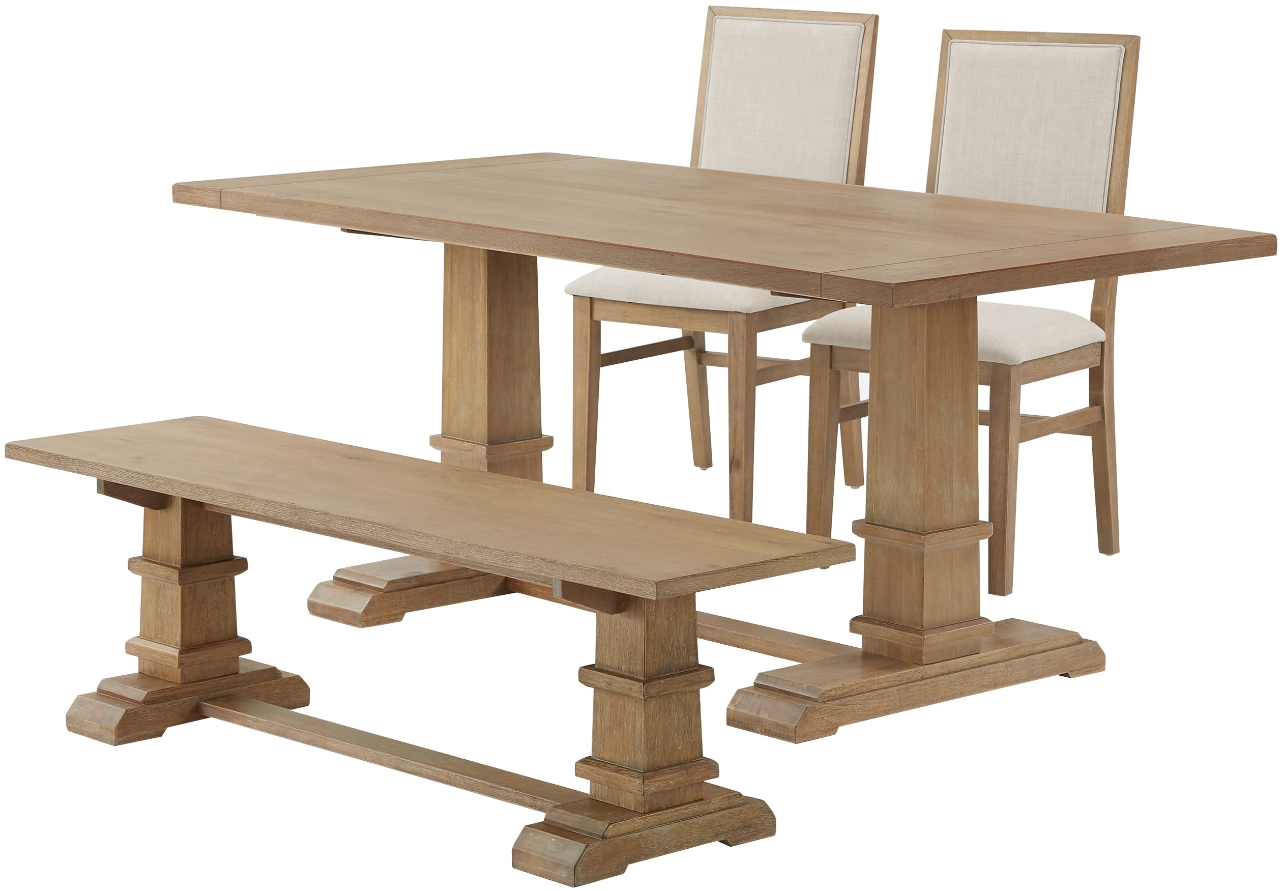 Crosley Furniture Joanna 4-Piece Modern Farmhouse Dining Table Set for 5 with 2 Upholstered Chairs and a Wood Bench, Rustic Brown/Creme