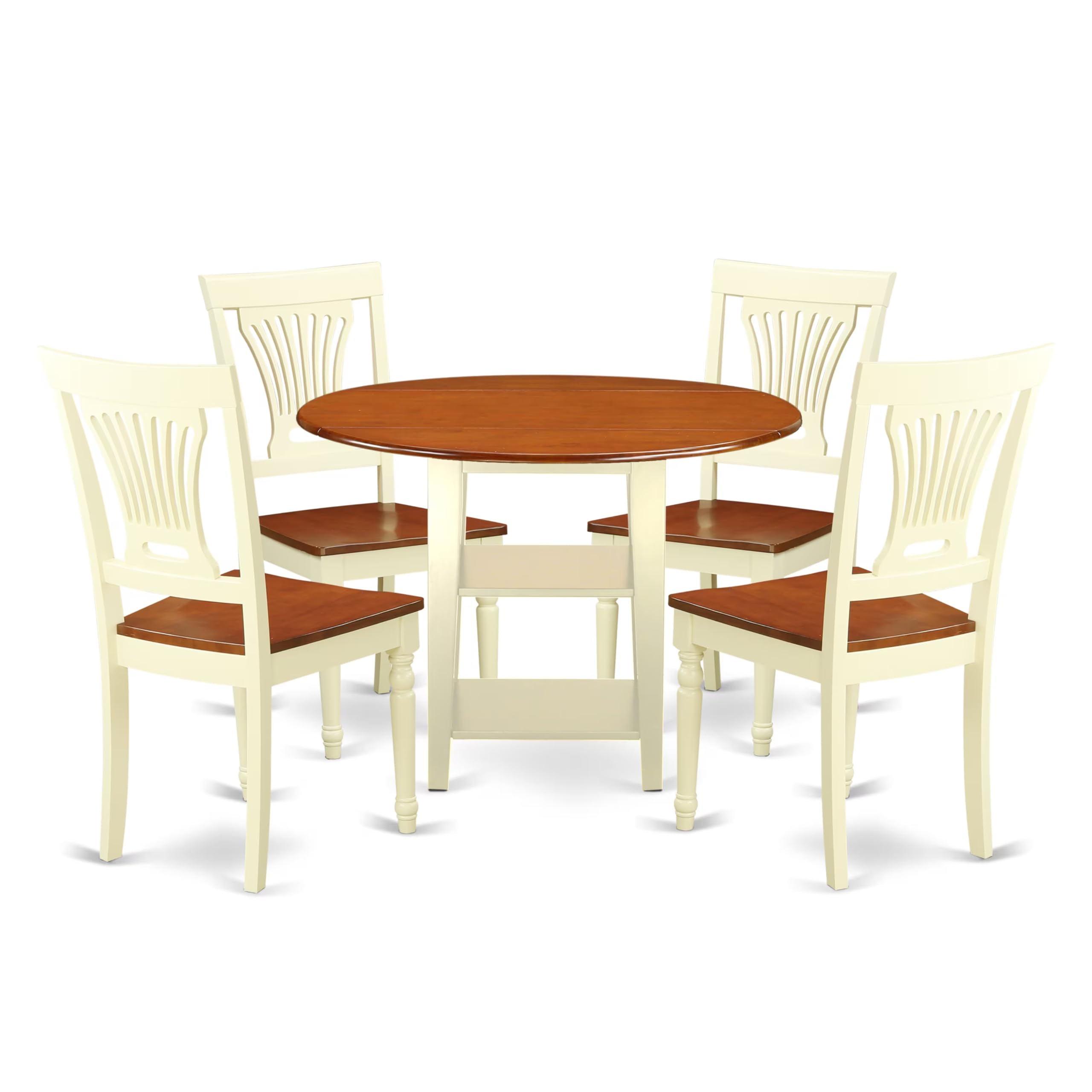 East West Furniture SUPL5-BMK-W 5 Piece Dining Room Table Set Includes a Round Kitchen Table with Dropleaf & Shelves and 4 Dining Chairs, 42x42 Inch, Buttermilk & Cherry
