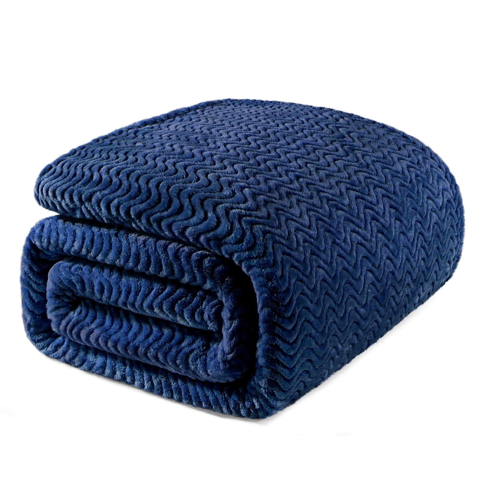 Exclusivo Mezcla Navy Blue Fleece Twin Size Blanket For Bed, Super Soft Cozy Blankets With Decorative Wave Textured, Lightweight