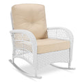 Vivijason Outdoor Wicker Rocking Chair, Patio Rattan Rocker Chair With Cushions & Steel Frame, All-Weather Rocking Lawn Wicker Furniture For Garden Backyard Porch (White Wicker/Beige)