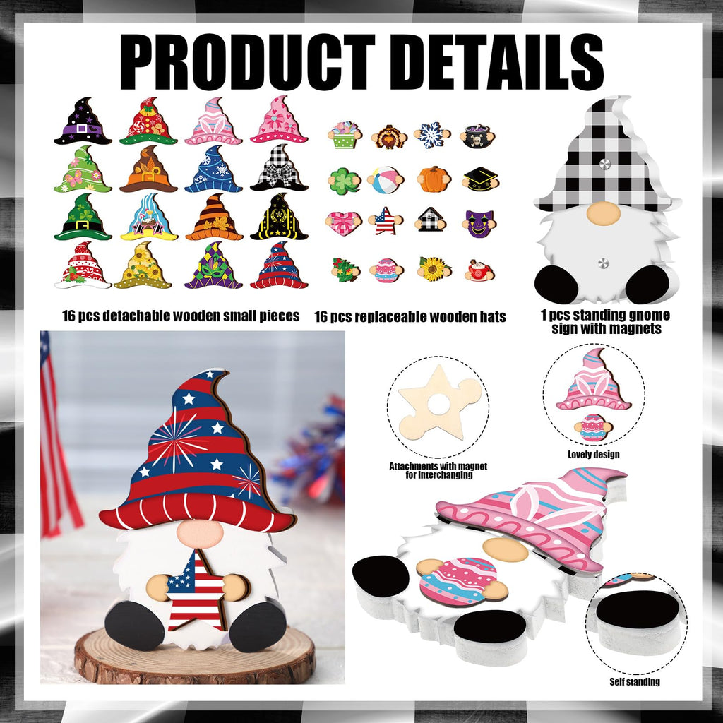 Qunclay Interchangeable Wooden Gnome Seasonal Changeable Gnome With 24 Magnet Swappable Pieces And 8 Detachable Hats For Fall Th