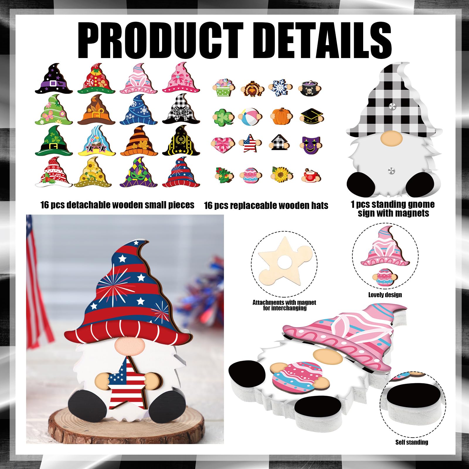 Qunclay Interchangeable Wooden Gnome Seasonal Changeable Gnome With 24 Magnet Swappable Pieces And 8 Detachable Hats For Fall Th