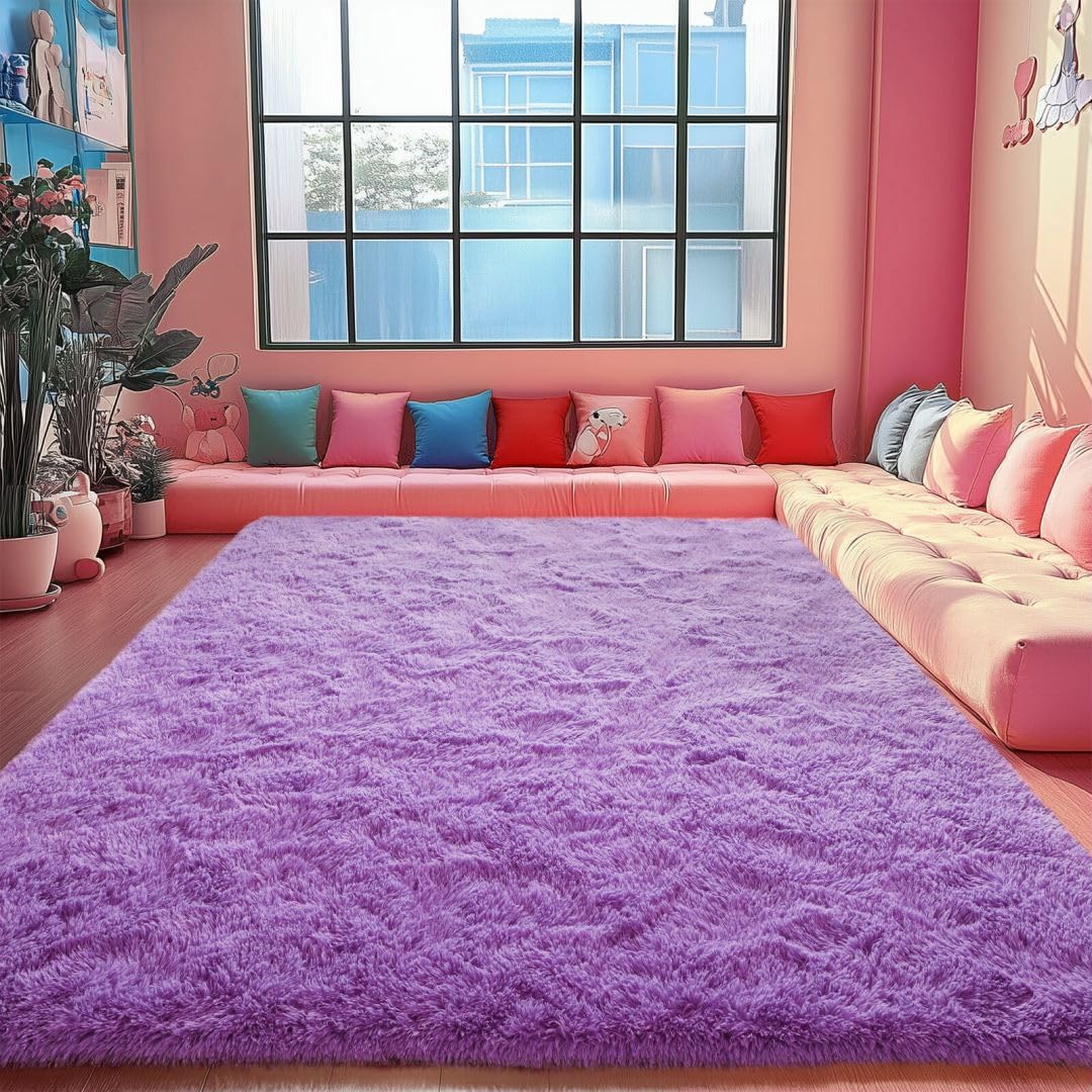 Blivonta Purple Rug For Girls Bedroom, 5X8 Fluffy Area Rugs For Kids Playroom, Furry Carpet For Nursery Room, Shaggy Rug For Tee