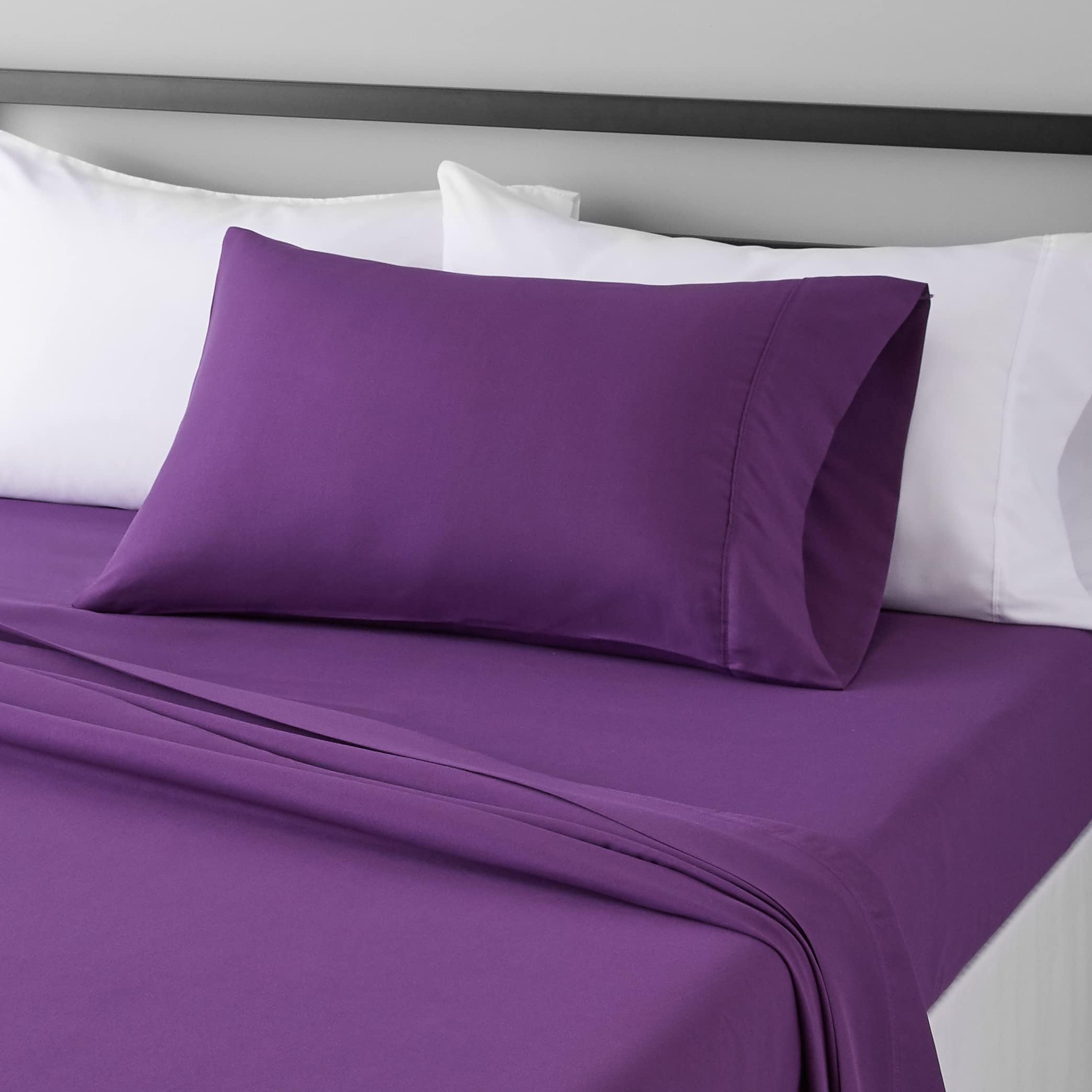 Amazon Basics 3 Piece Lightweight Super Soft Easy Care Microfiber Bed Sheet Set with 14 Deep Pockets - Twin, Plum-4 Pack, White,