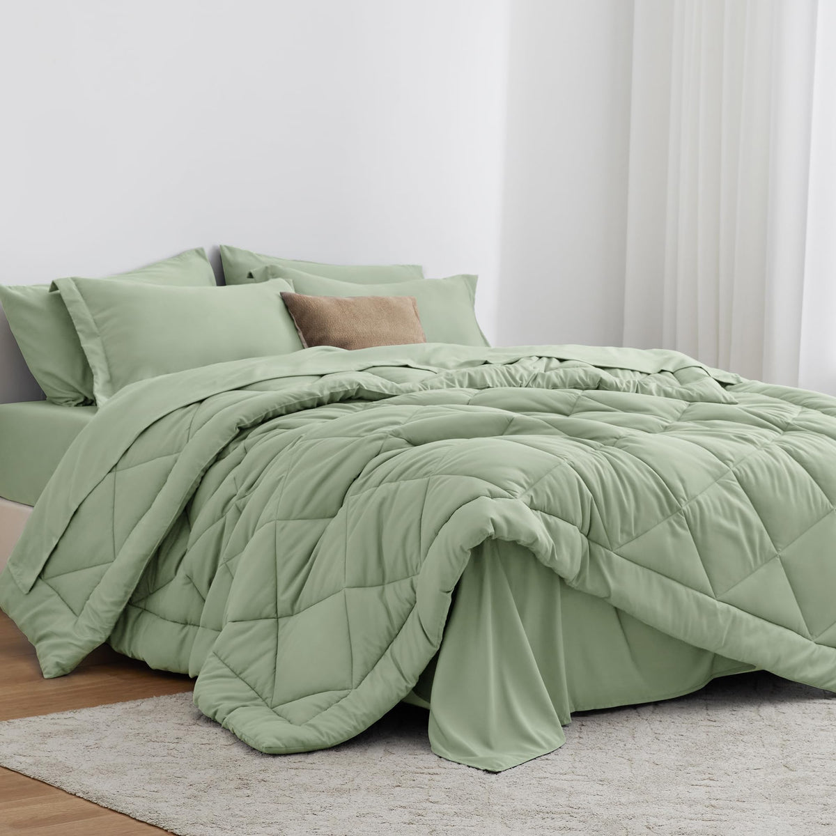 Love'S Cabin California King Comforter Set Sage, 7 Pieces California King Bed In A Bag, All Season Bedding Sets With 1 Comforter