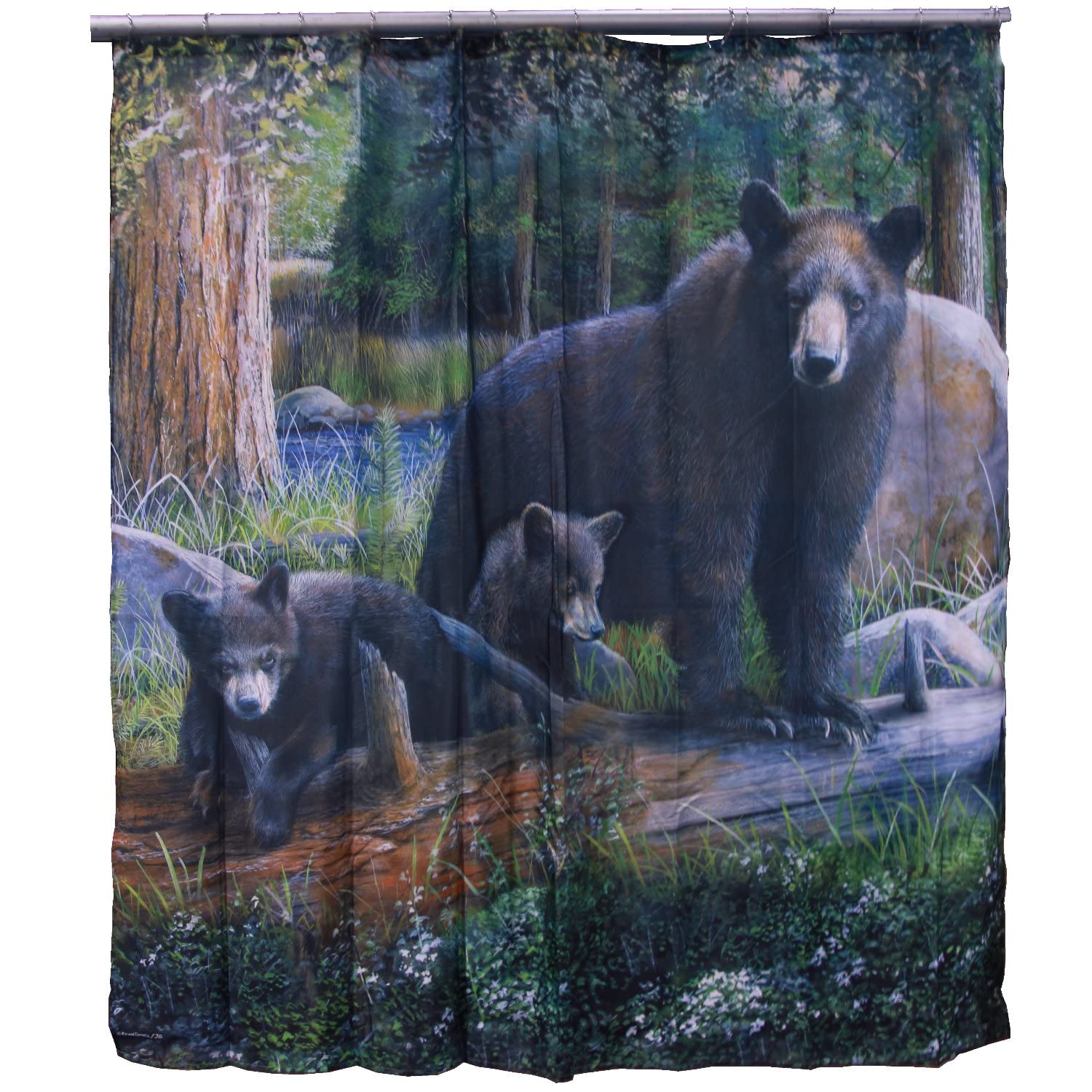 Marco De Leon Collections Backwoods Black Bear Family Scenic Woodland Forest Lodge Cabin Decorative 72' Shower Curtain