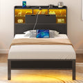 Rolanstar Twin Bed Frame with Headboard, LED Bed with Bookcase Storage and Charging Station, Metal Platform Bed with Glass Shelv