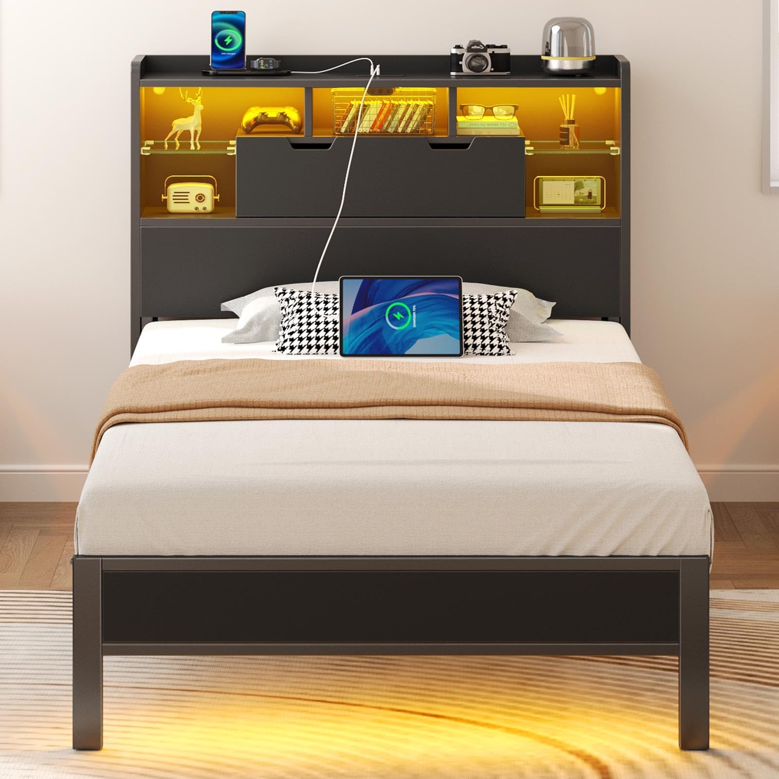 Rolanstar Twin Bed Frame with Headboard, LED Bed with Bookcase Storage and Charging Station, Metal Platform Bed with Glass Shelv