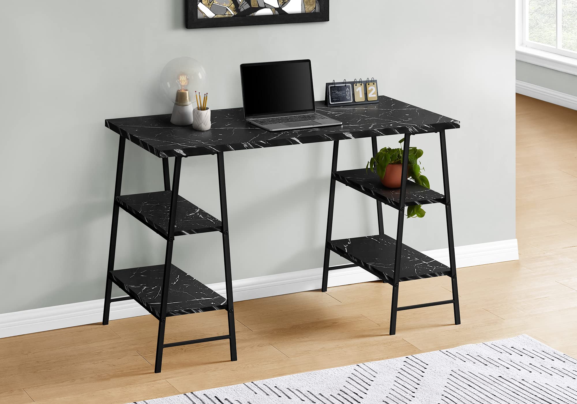 Monarch Specialties I 7528 Computer Desk, Home Office, Laptop, Storage Shelves, 48' L, Work, Metal, Laminate, Black Marble Look, Contemporary, Modern