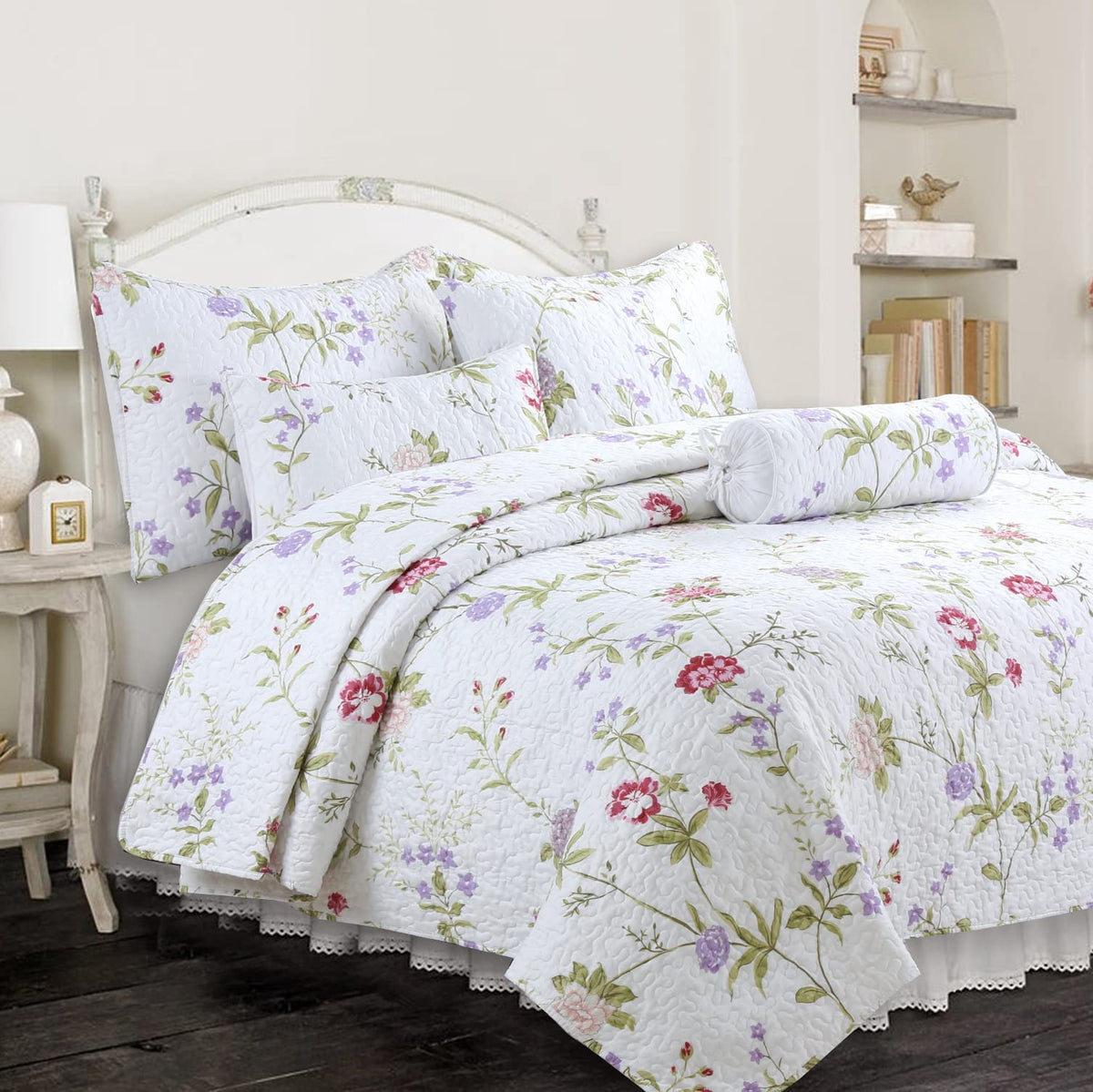 Cozy Line Home Fashions Pink Lavender Wild Flower Spring Floral Reversible Quilt Bedding Set, Coverlet Bedspread Lightweight For