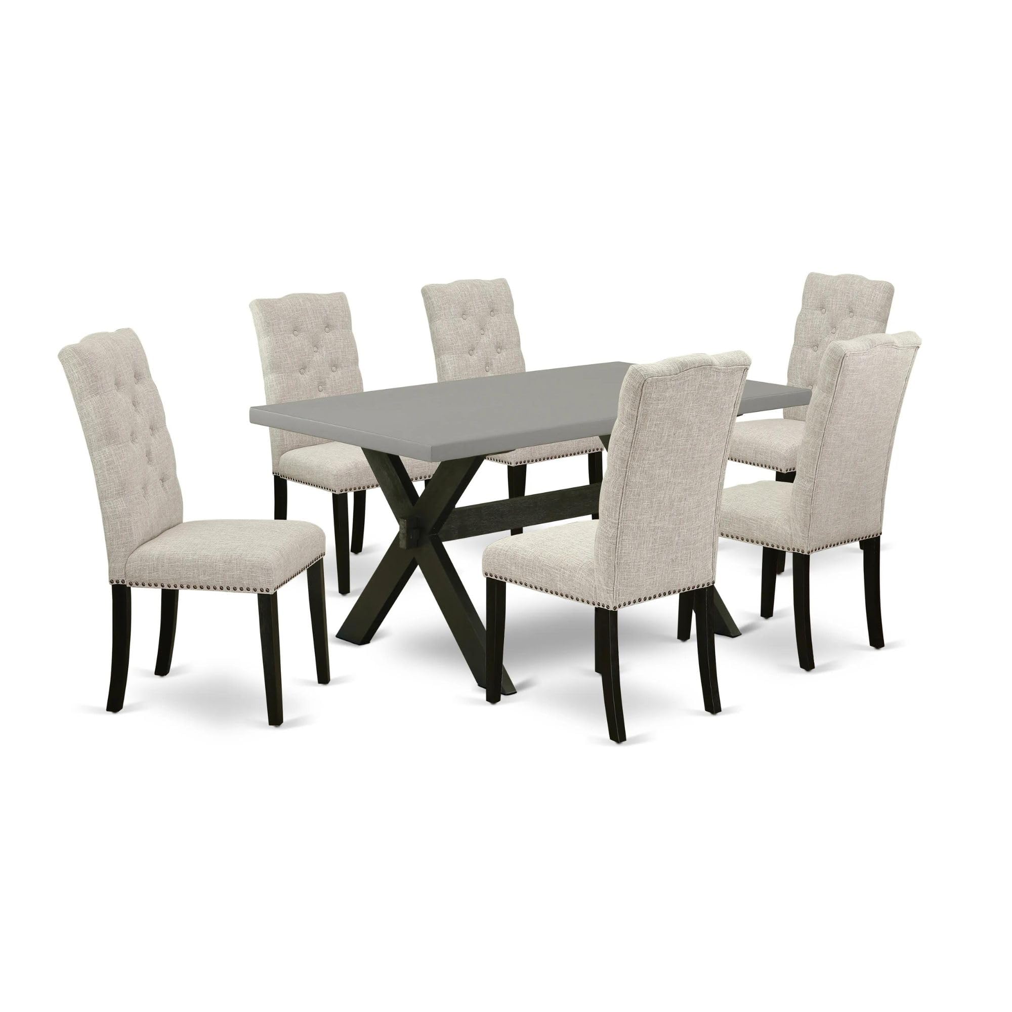 East West Furniture X-Style 7 Piece Room Furniture Set Consist Of A Rectangle Dining Table With X-Legs And 6 Doeskin Linen Fabric Parsons Chairs, 36X60 Inch, Multi-Color