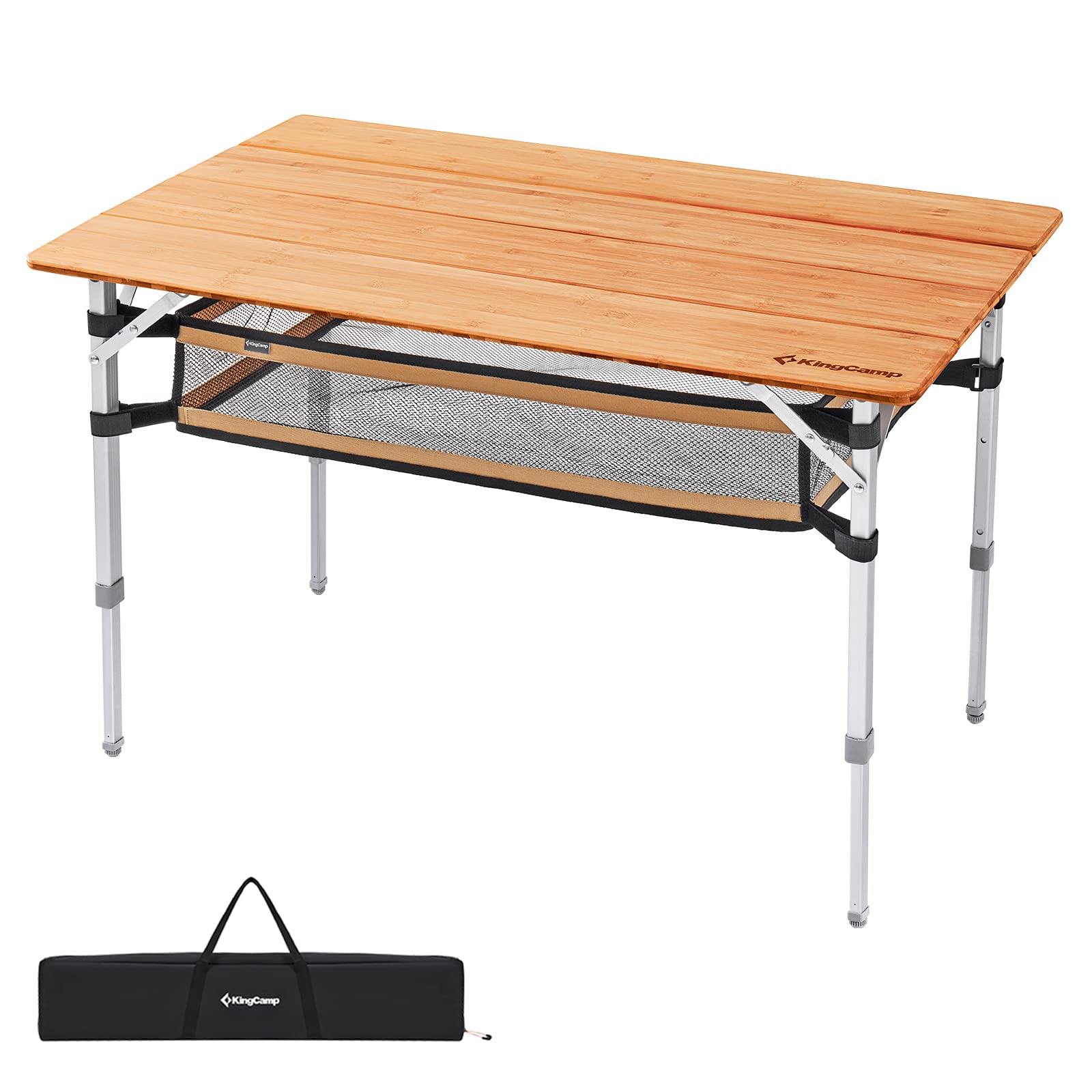 KingCamp Bamboo Folding Table Camping Table with Large Storage Bag Adjustable Height Aluminum Legs Heavy Duty 176 lbs 4-Fold Por