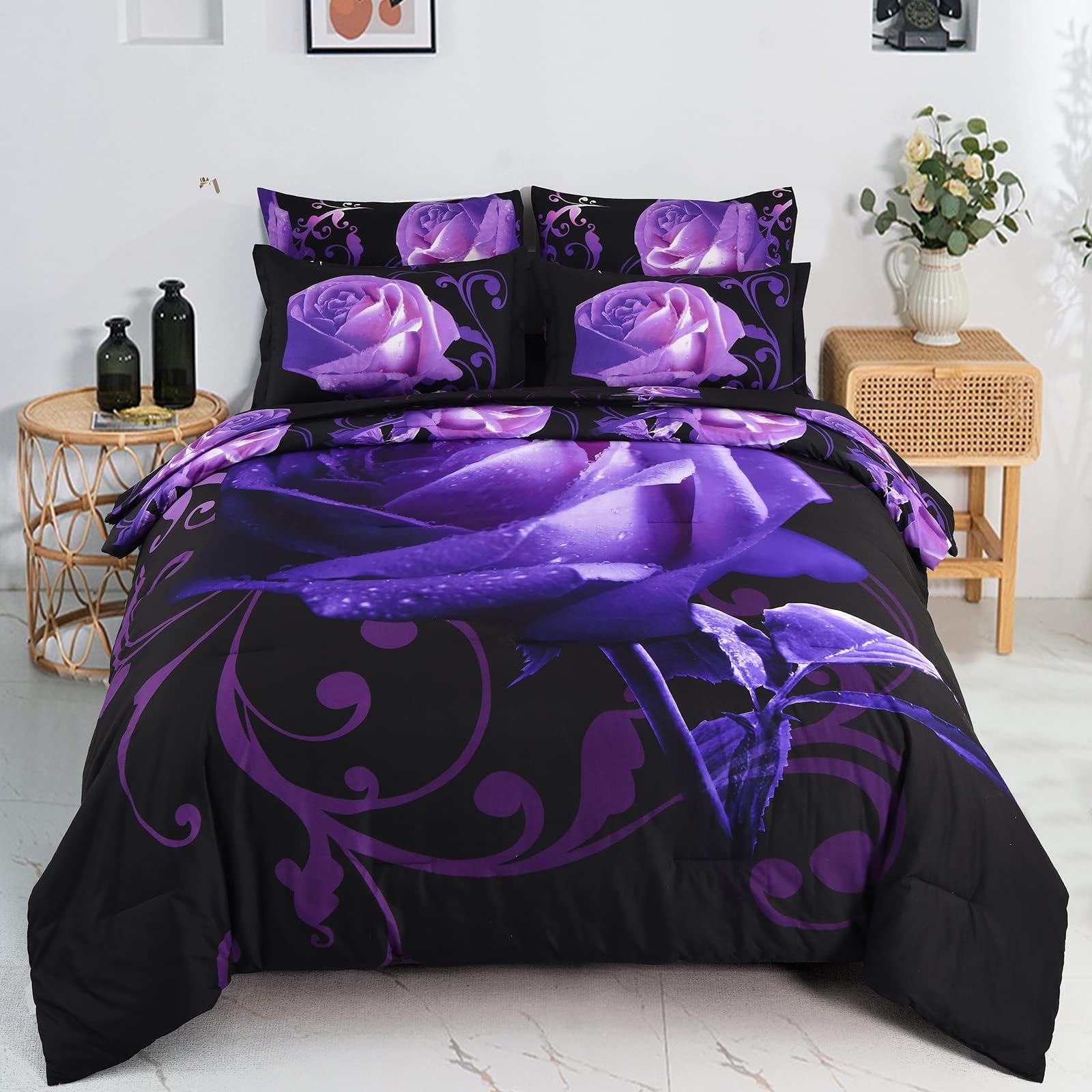 Floral Comforter Set Queen 7 Piece Bed In A Bag Purple Rose Flower Comforter With Sheet Set Soft Micorfiber Bedding Set (1 Comfo