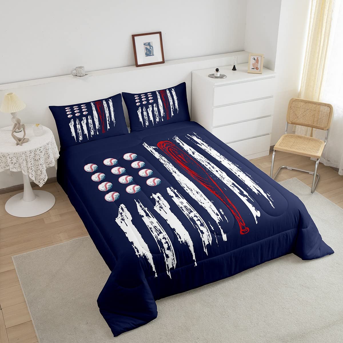 Castle Fairy Baseball Comforter King(104X90 Inch),3 Pieces(1 Baseball Comforter,2 Pillowcases) Navy White Red American Flag Comforter Sport Microfiber Bedding Set For Boy Girls Kids Teens