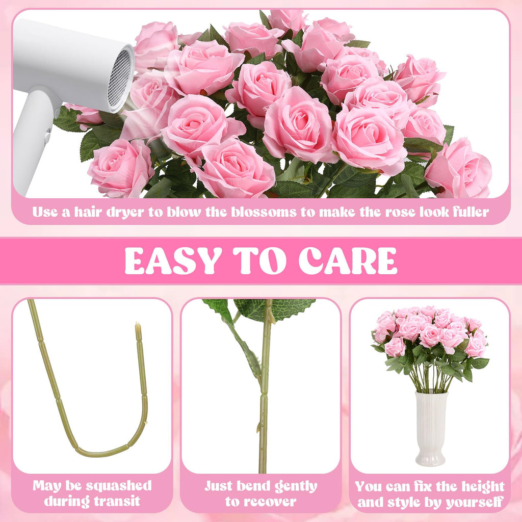 Hoemwarm 36 Pcs Silk Pink Roses Bouquet Bridal Artificial Flowers Mothers Day,Fake Rose Long Stem Realistic Artificial Flowers B