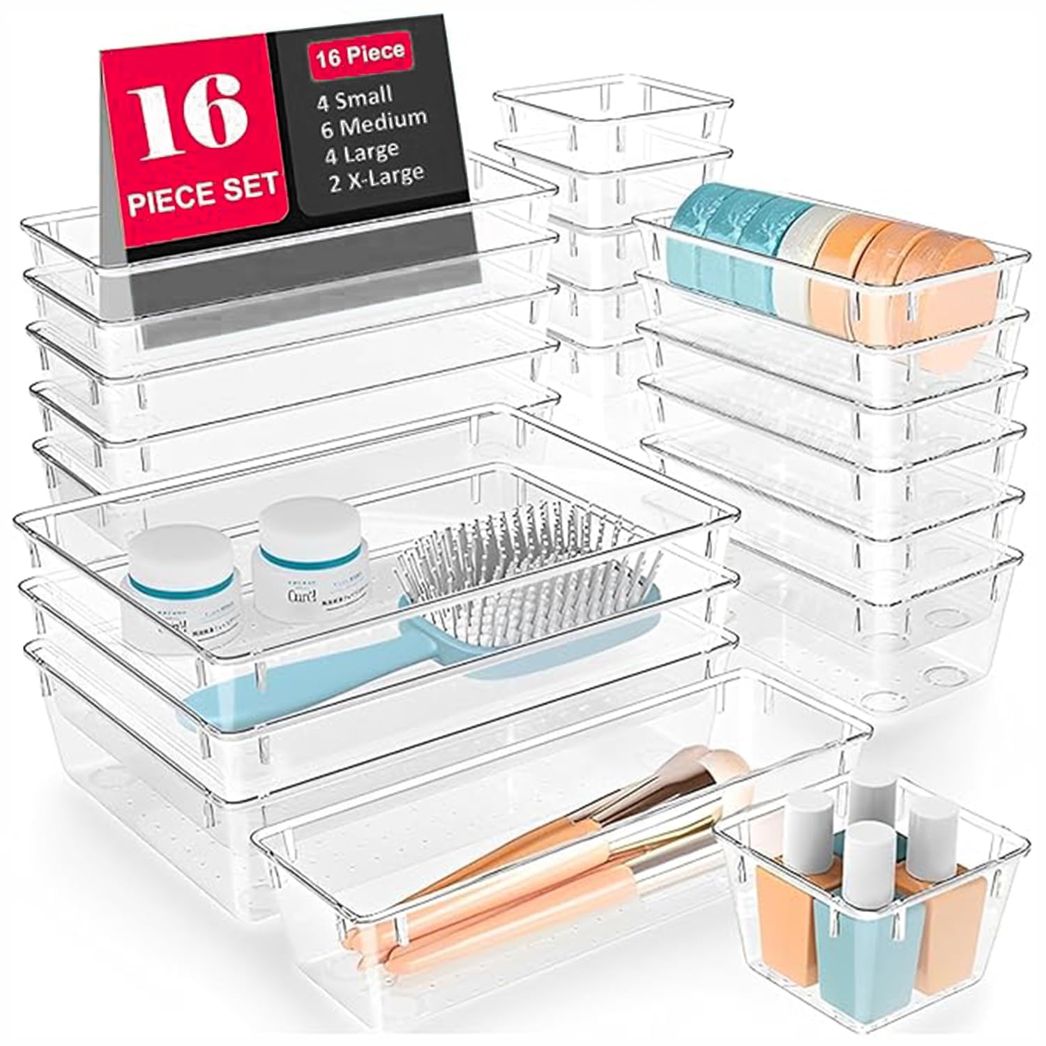 Leawall 16 Pcs Clear Plastic Drawer Organizers Set  4Size Versatile Storage Trays For Bathroom, Vanity, Makeup, Kitchen Gadget