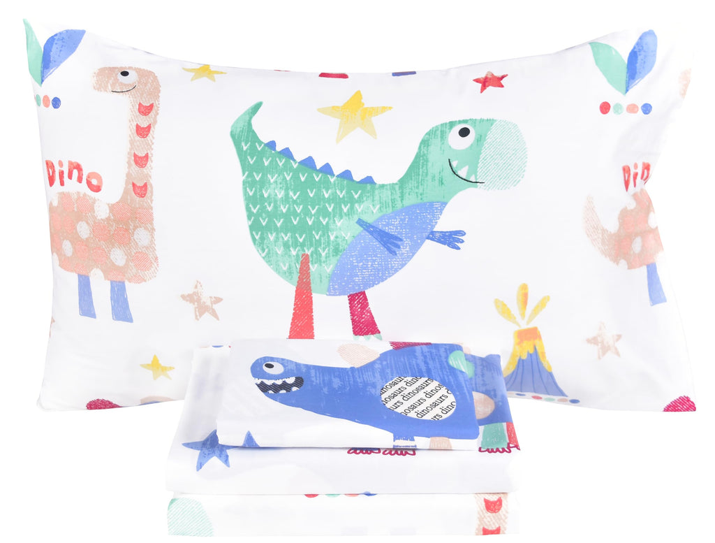 Scientific Sleep Jurassic Big Dinosaur Cute Kids Teen Boys Girls 100% Cotton 4 Pcs Full Bed Sheet Set, Flat Sheet & Fitted Sheet
