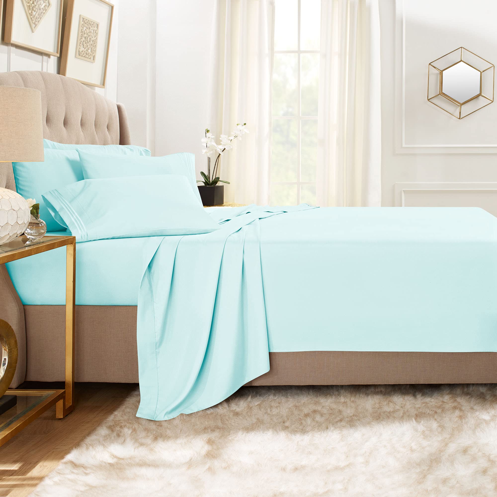 Clara Clark Twin Sheets, 5 Piece Set - Hotel Luxury Sheets For Twin Size Bed, Super Soft Bedding Sheets & Pillowcases, Twin Size Sheets, Aqua Light Blue