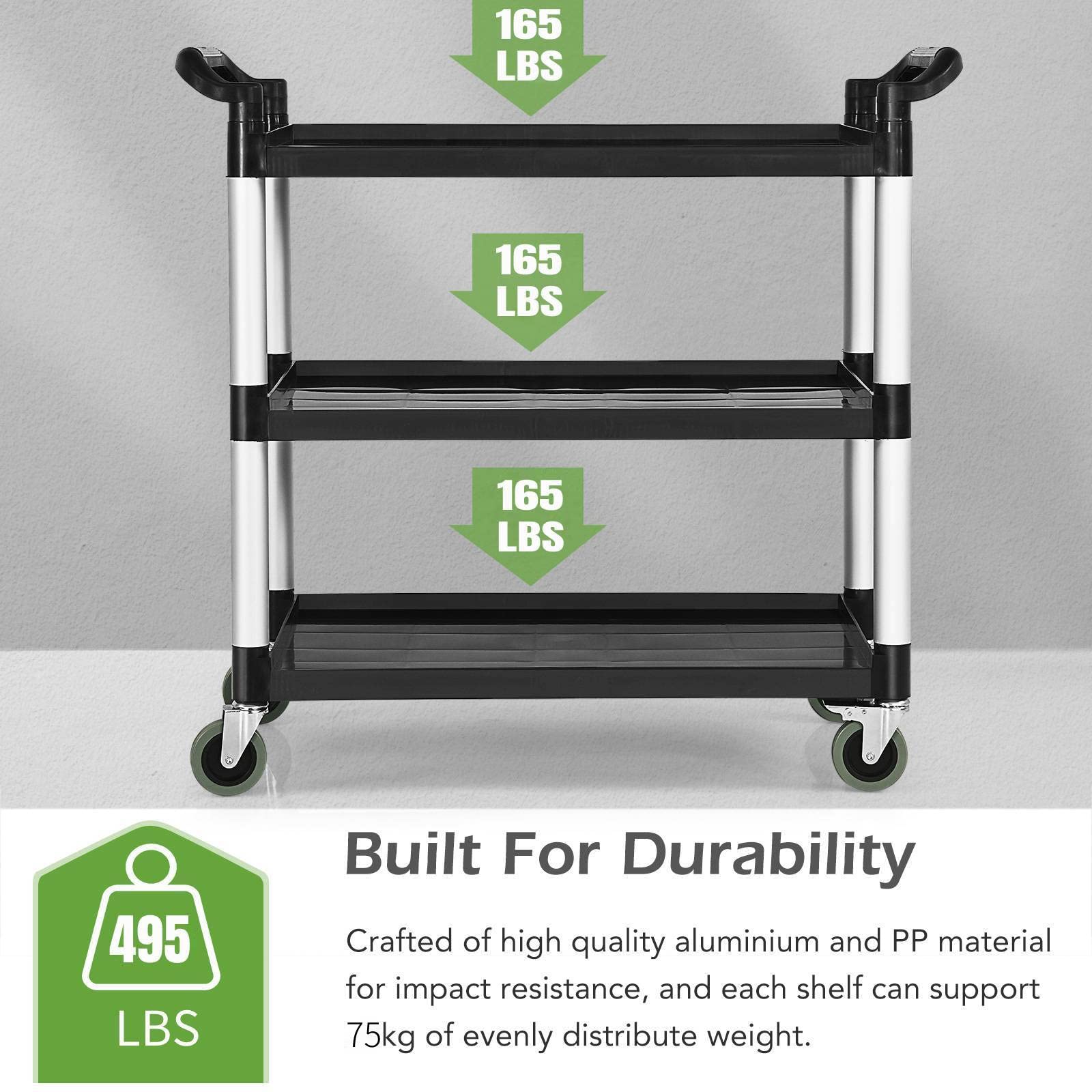 Ironmax Rolling Service Cart With Wheels, 3 Tier Heavy Duty Utility Cart With 495 Lbs Loading Capacity, Plastic Push Cart For Kitchen, Restaurant, Office, Warehouse, Garage