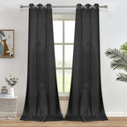 Melodieux Black Semi Sheer Curtains 96 Inches Long For Small Windows Living Room Bedroom Linen Look Rustic Grommet Voile Drapes,