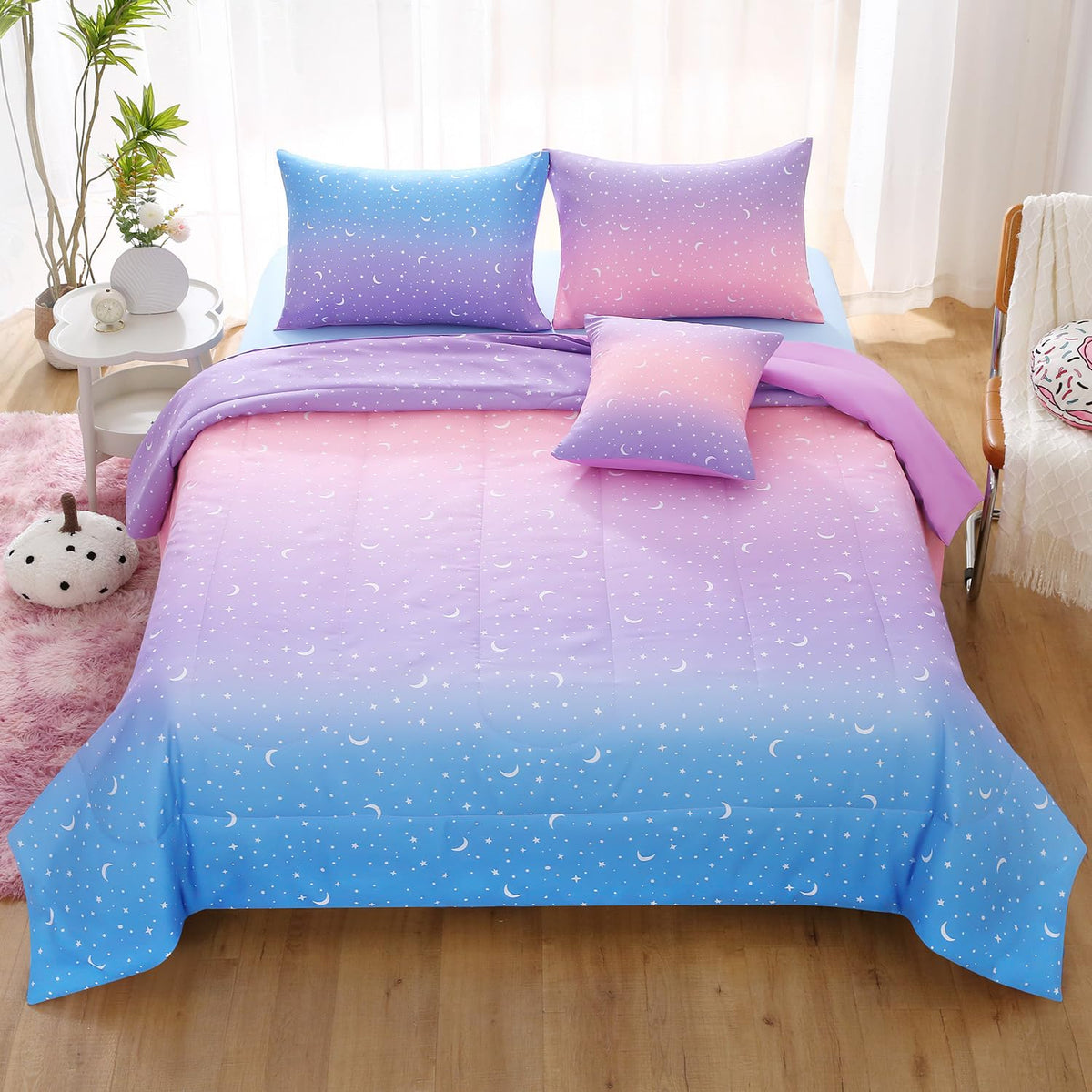 Jqinhome Full Girls Comforter Set,6 Piece Bed In A Bag 3D Purple Orange Glitter Bedding Set -All Season Microfiber Rainbow Beddi