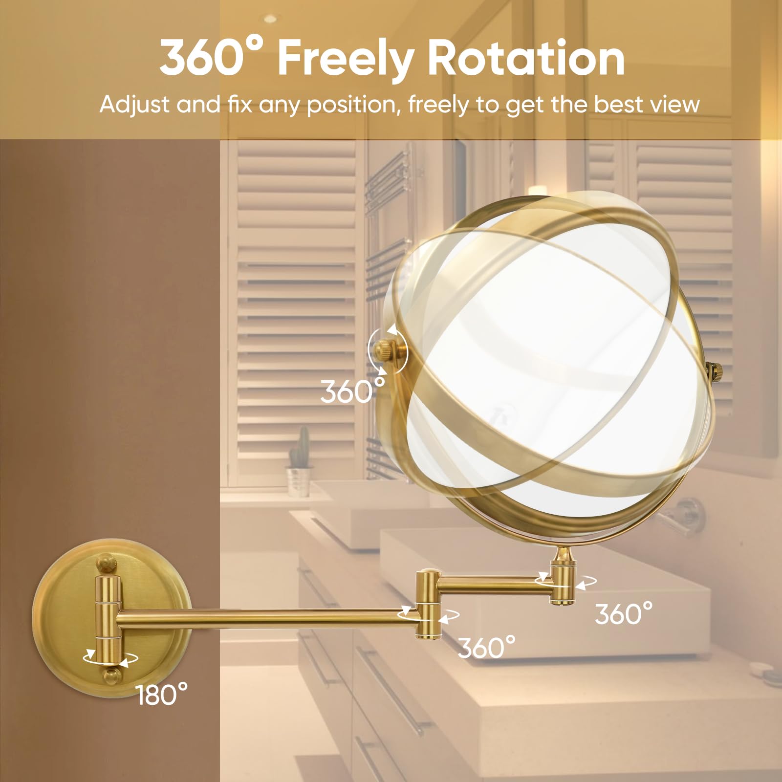 GURUN 8" Wall Mounted Makeup Mirror, 10X Magnification, Brass, Retro Gold Finish, Two-Sided Swivel