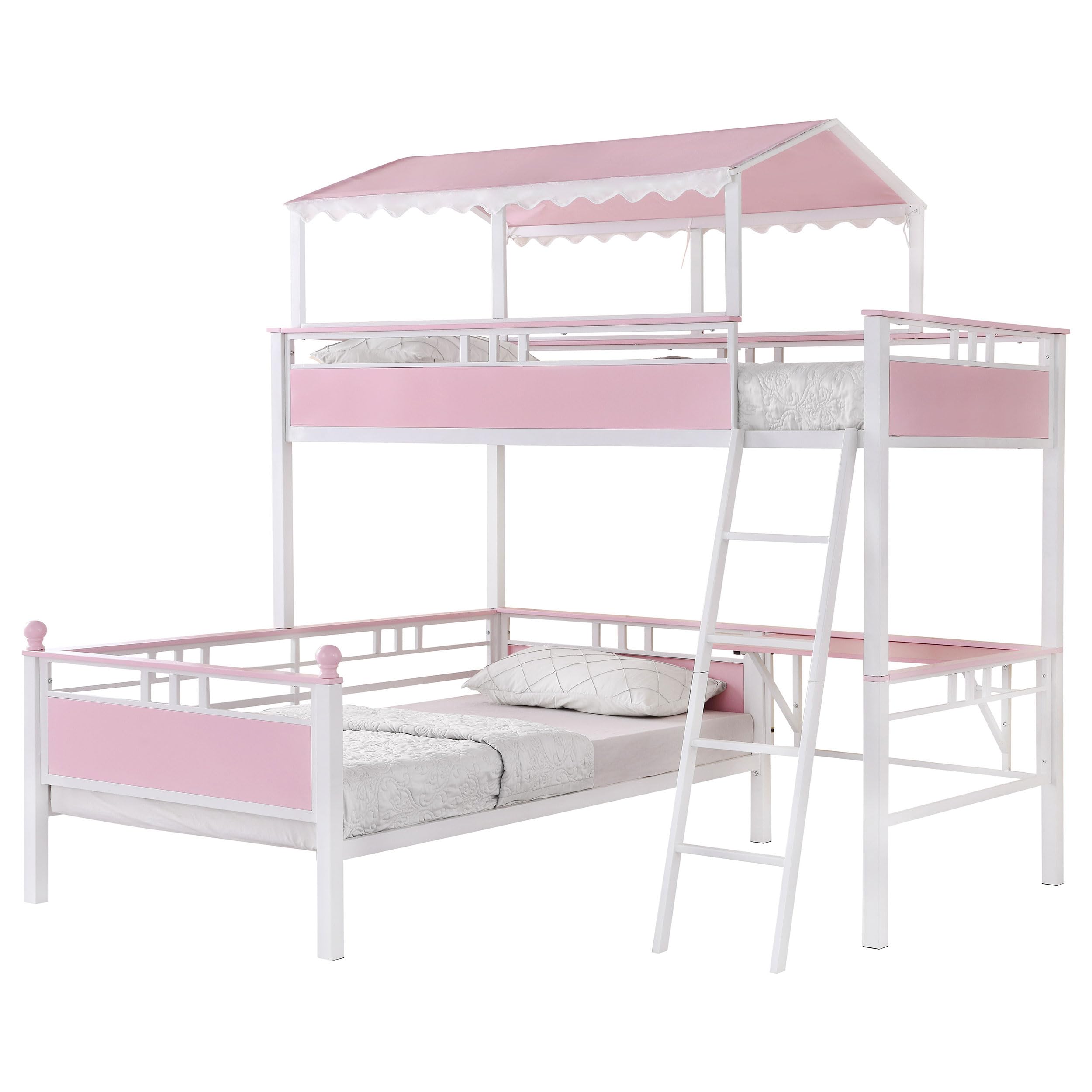 Coaster Home Furnishings Alexia Contemporary Metal Twin Over Twin Size Workstation Bunk Bed Frame with Ladder and Guardrails Fully Slatted Mattress Ready Foundation Pink 400119
