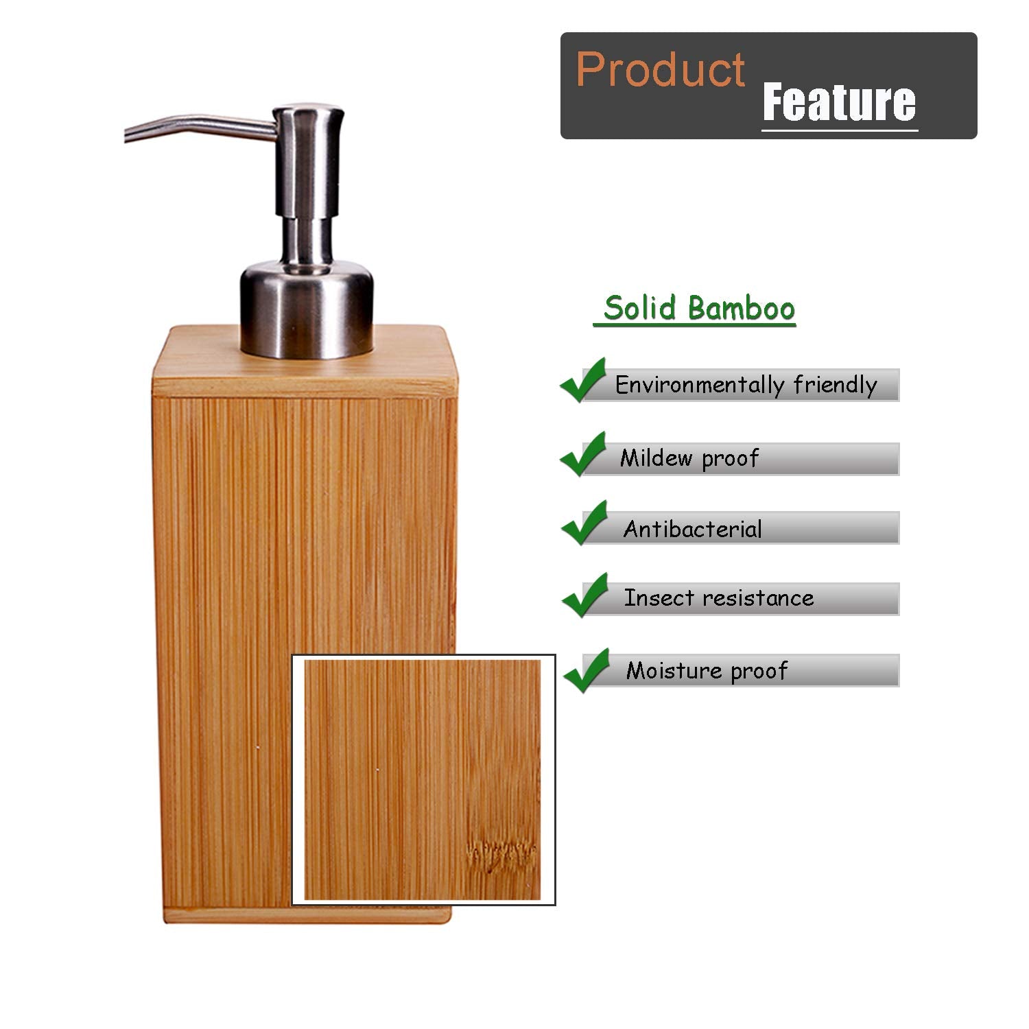 Sansnow Natural Bamboo Soap And Lotion Pump Dispenser Wooden Bathroom Accessory For Home Hotel 8 Oz, Rectangle