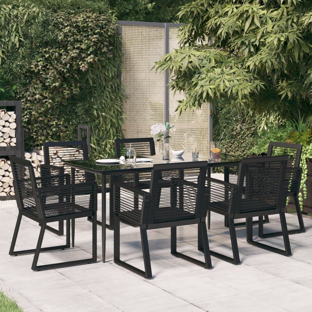 vidaXL Outdoor Patio Dining Set 7 Piece - Weather-Resistant PVC Rattan with Powder-Coated Steel Frames, Sleek Black Design, and Tempered Glass Tabletop