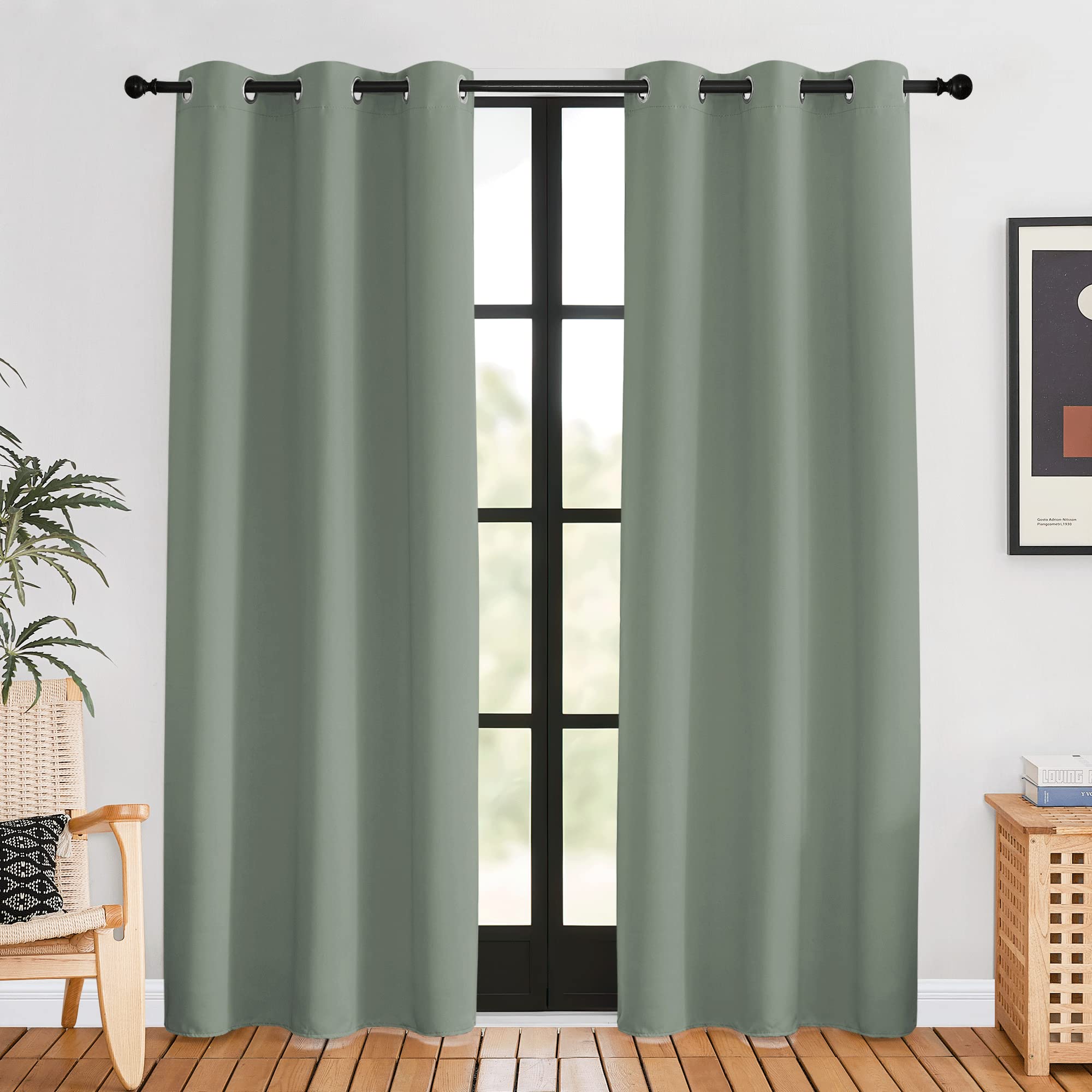 Nicetown Window Curtain Panels, Greyish Green, 1 Pair, 42 By 80-Inch, Thermal Insulated Solid Grommet Blackout Draperies/Drapes