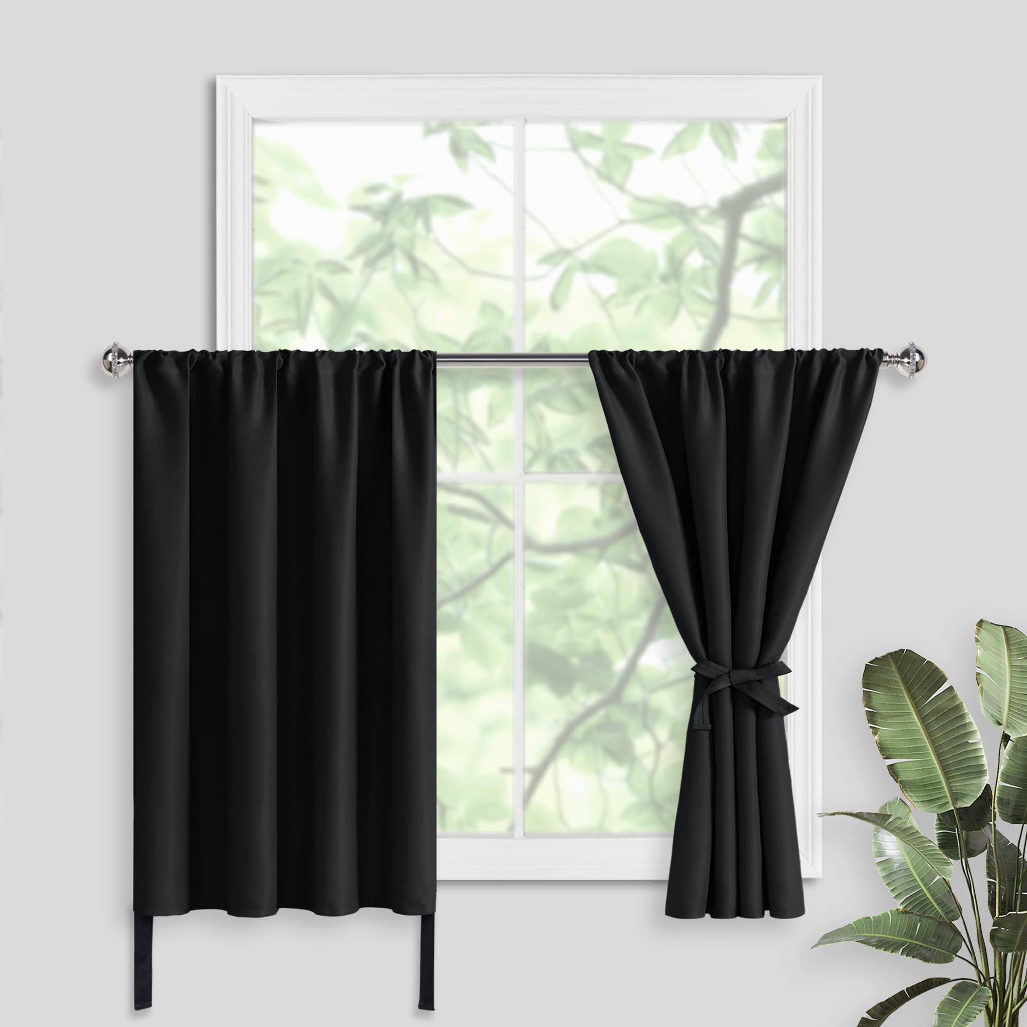 Jiuzhen Short Blackout Curtains For Small Window - Cafe Room Darkening Privacy Thermal Insulated Half Window Curtains Tiers For Bathroom,Kitchen, W 42 X L 36, Set Of 2 Panels With Tiebacks, Black