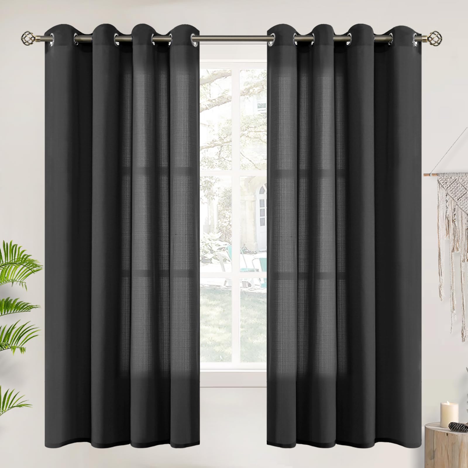 Bgment Black Sheer Curtains For Bedroom 63 Inch Length 2 Panels, Natural Linen Grommet Light Filtering Drapes Privacy Sheer Opaq