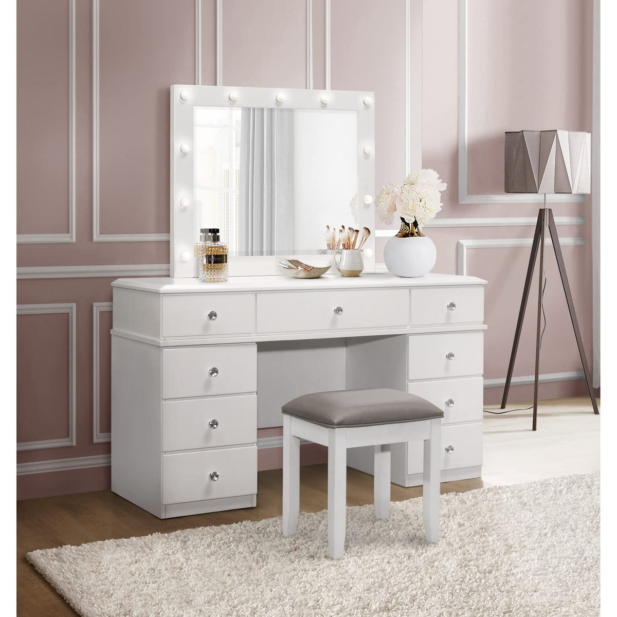 Global Furniture USA White Vanity Set with Stool and Mirror