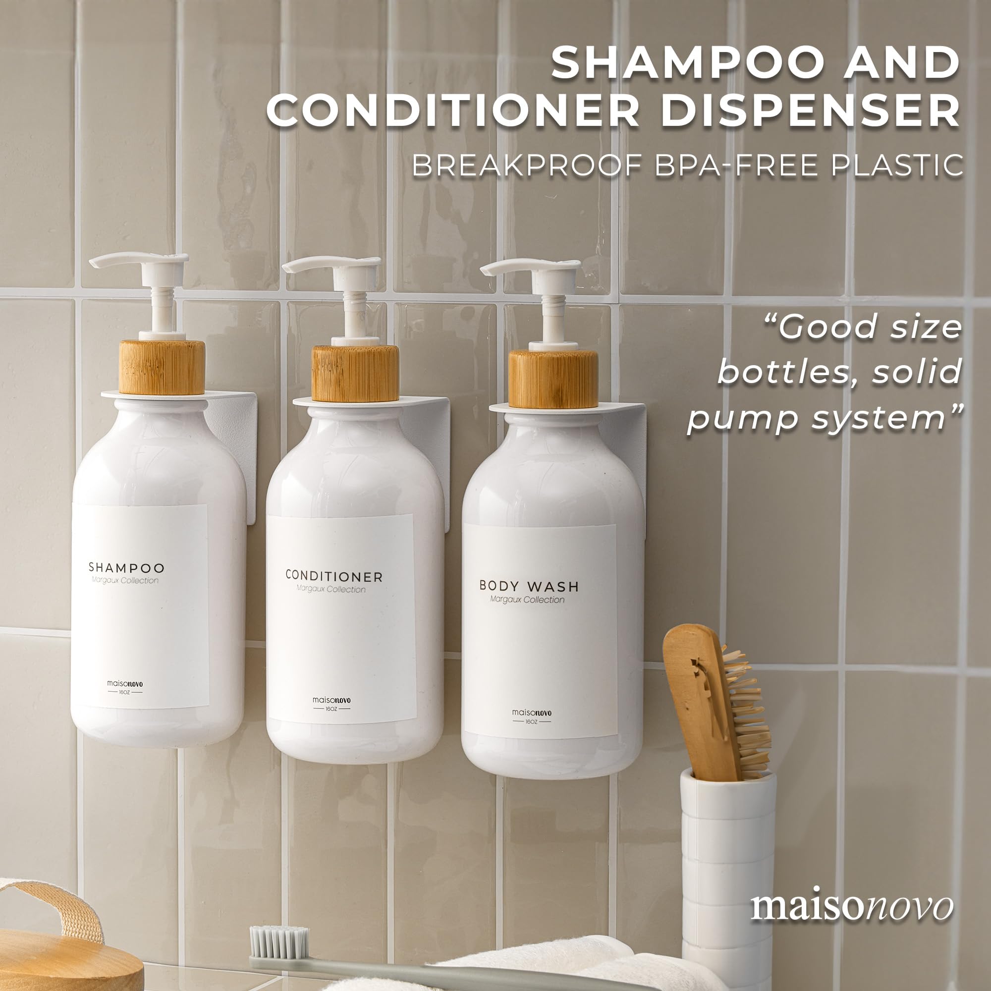 MAISONOVO Wall Mounted Shampoo and Conditioner Dispenser Set of 3 - 16.9 fl oz White Plastic Bottles with Bamboo Pump - No Drill