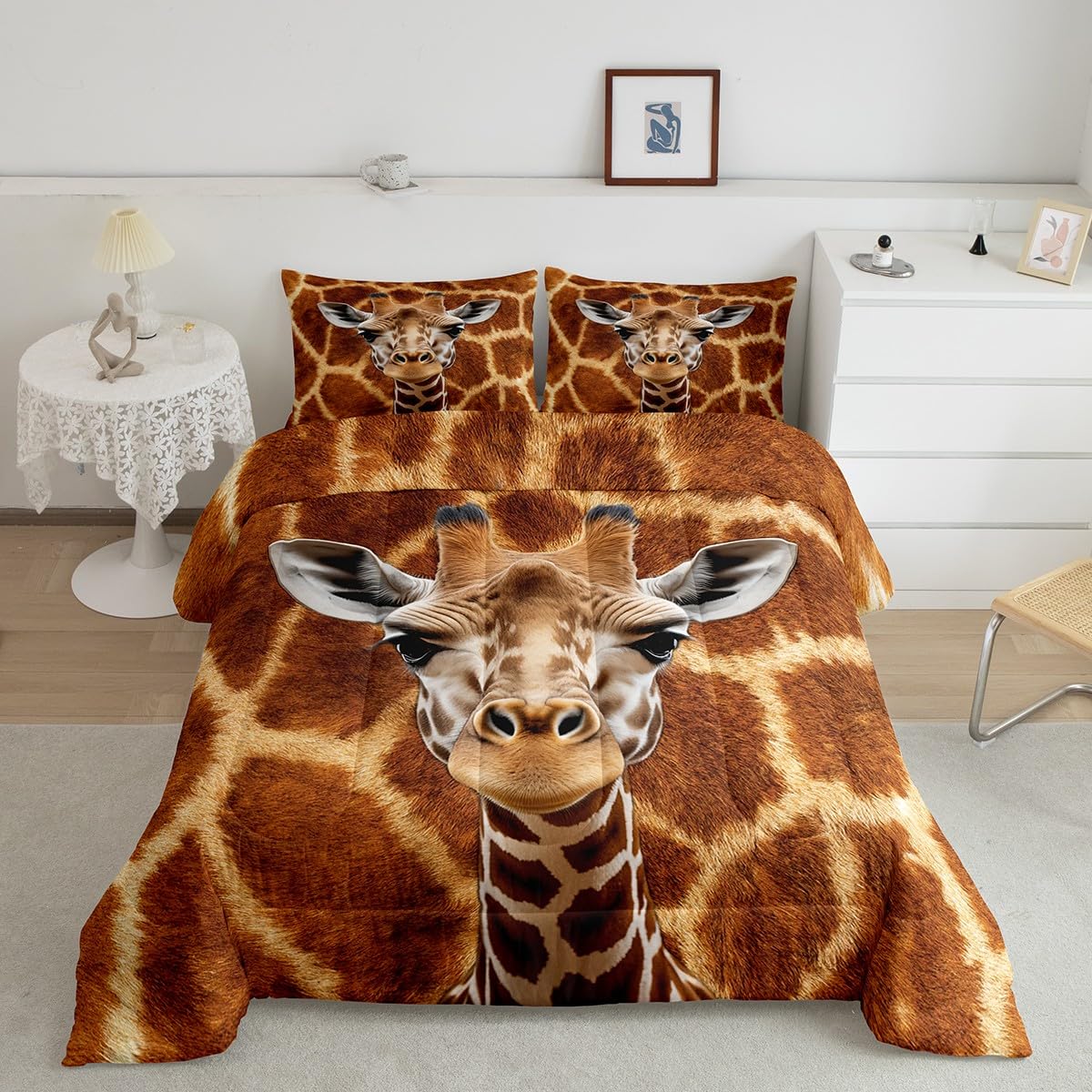 Giraffe Kids Comforter Set Full Size,Giraffe Skin Fur Texture Rustic Farmhouse Bedding Set,Boys Girls Adults Room Decor,Wild Ani