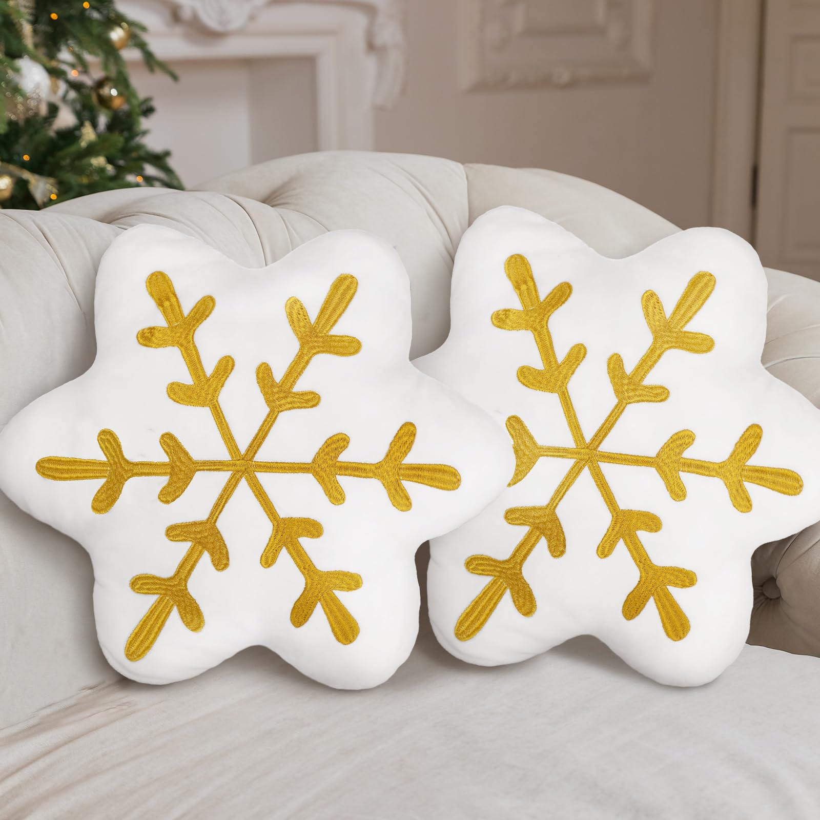 Soaoo 2 Pcs Snowflake Pillow Winter Throw Pillows Decorative Pillows Sherpa White Snowflake Shaped Pillow for Winter Home Decor 